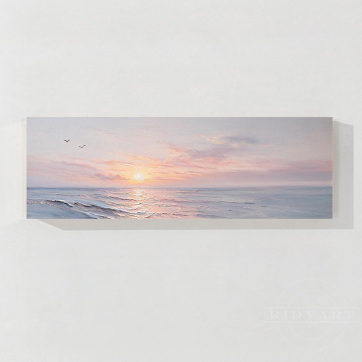Panoramic oil painting of a peaceful ocean sunset with soft pastel clouds and gentle waves.