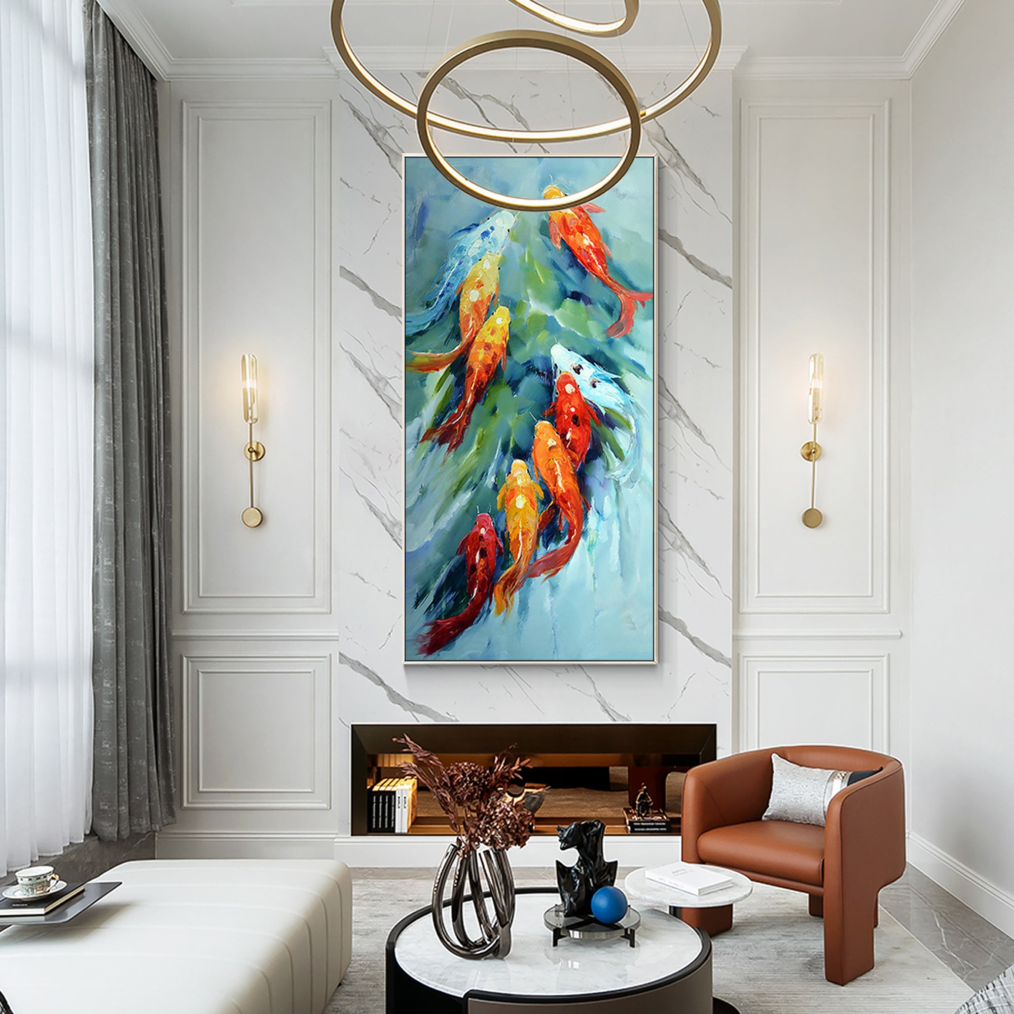 Farbenfrohes Feng Shui-Gemälde mit Koi-Fischen