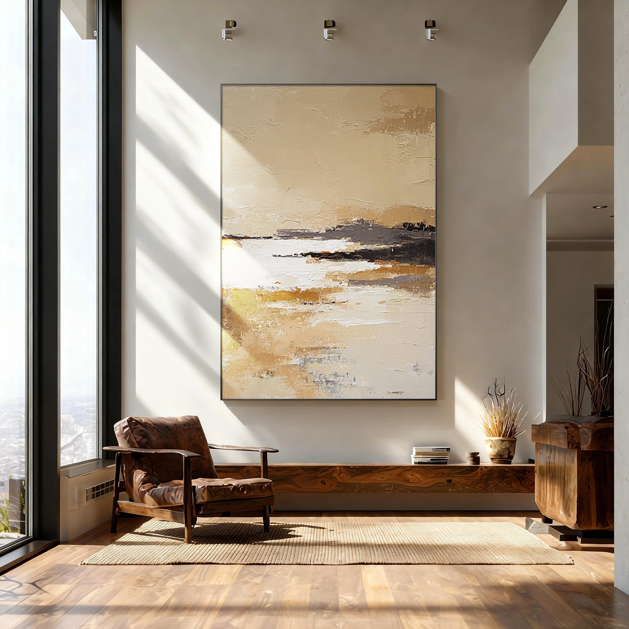 beige textured abstract painting in minimalist living room interior