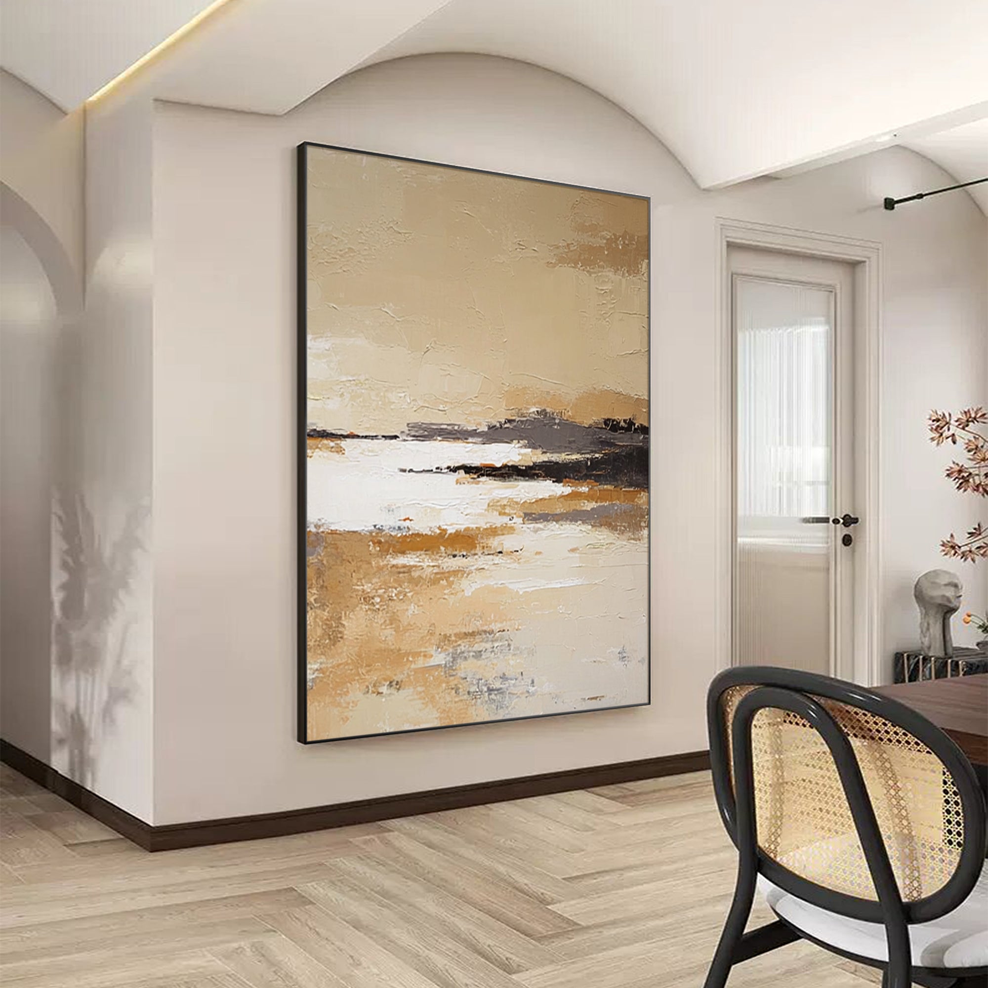 large modern abstract wall art in home office with wooden furniture