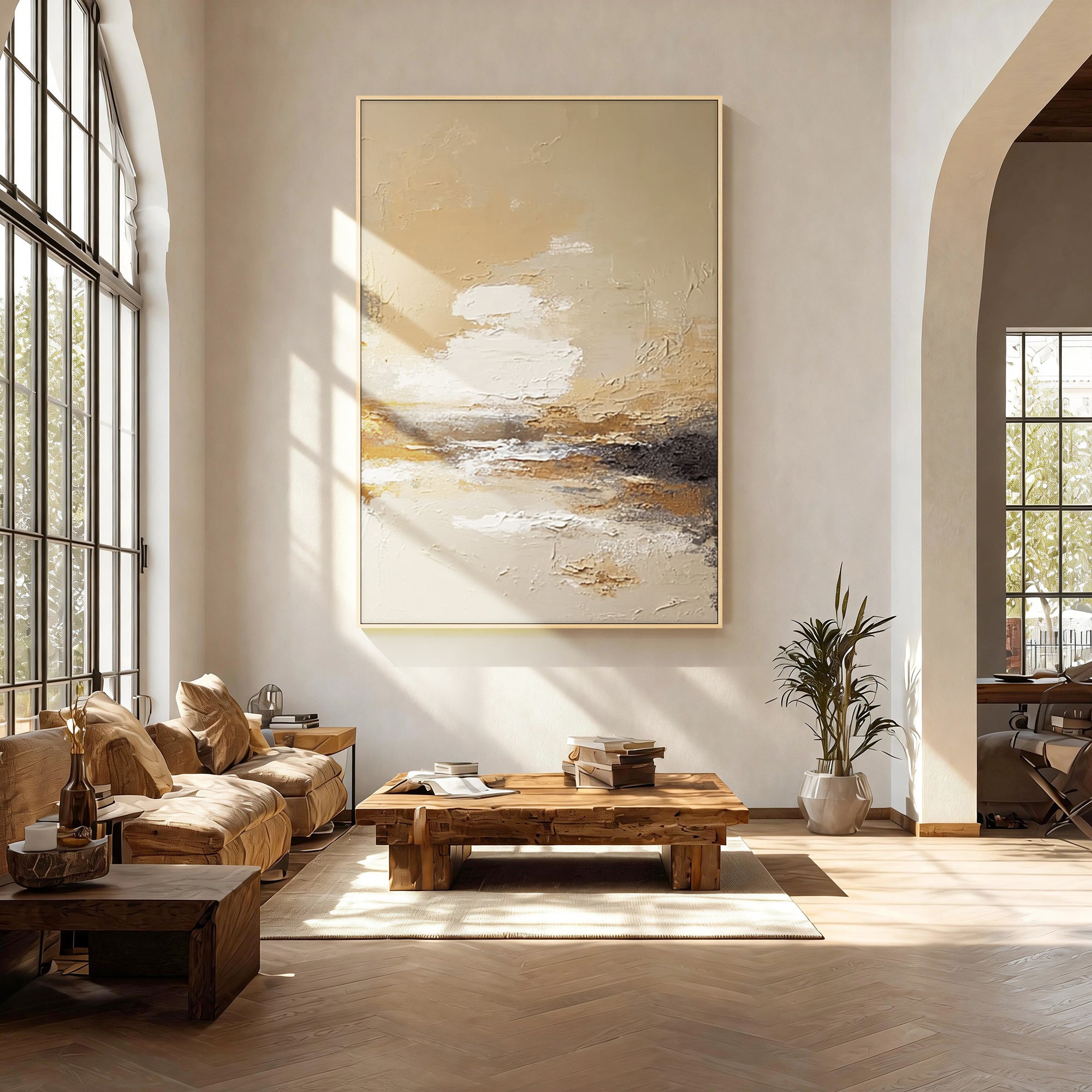 beige abstract canvas painting in bright living room interior