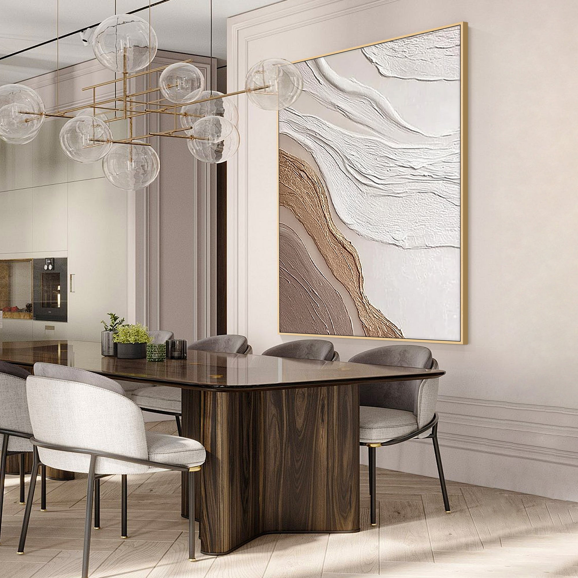 textured abstract wall art above bed in dining room decor