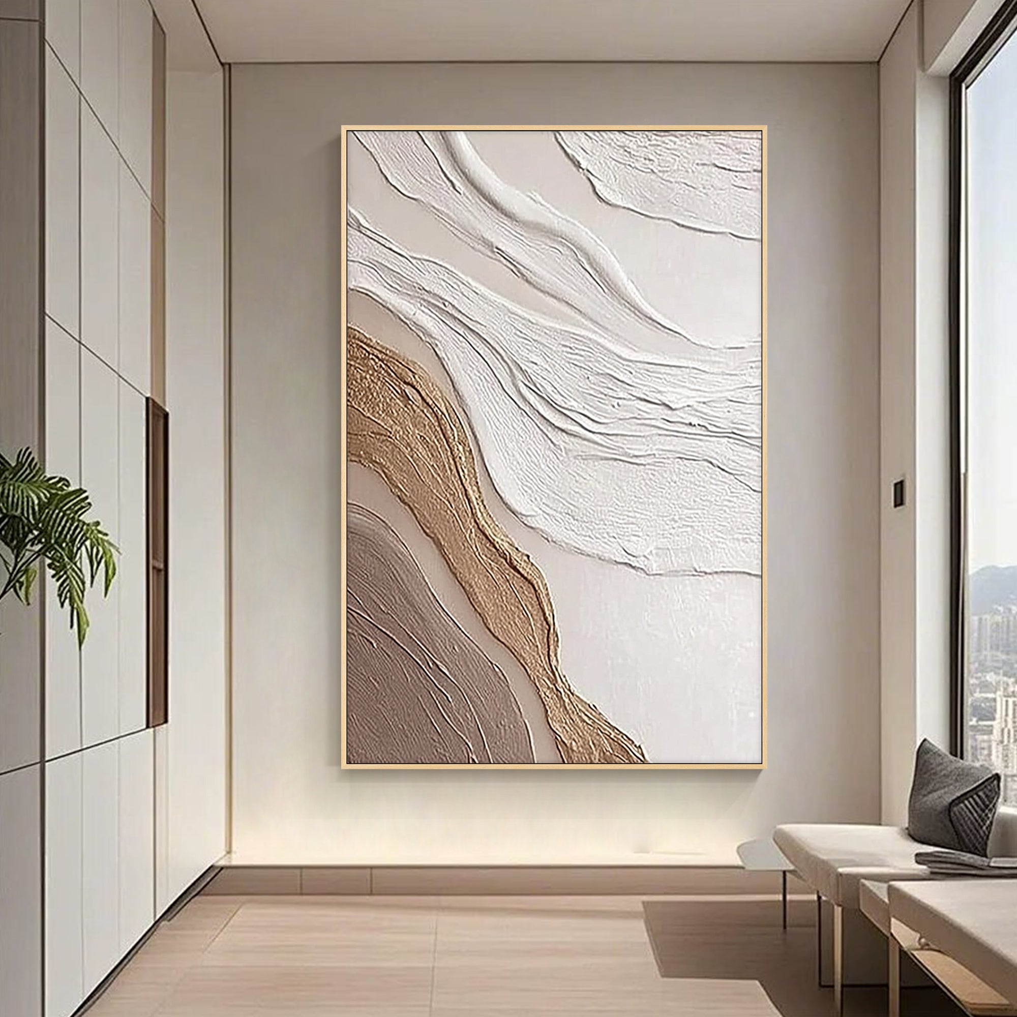 large beige textured canvas in home office with wooden furniture