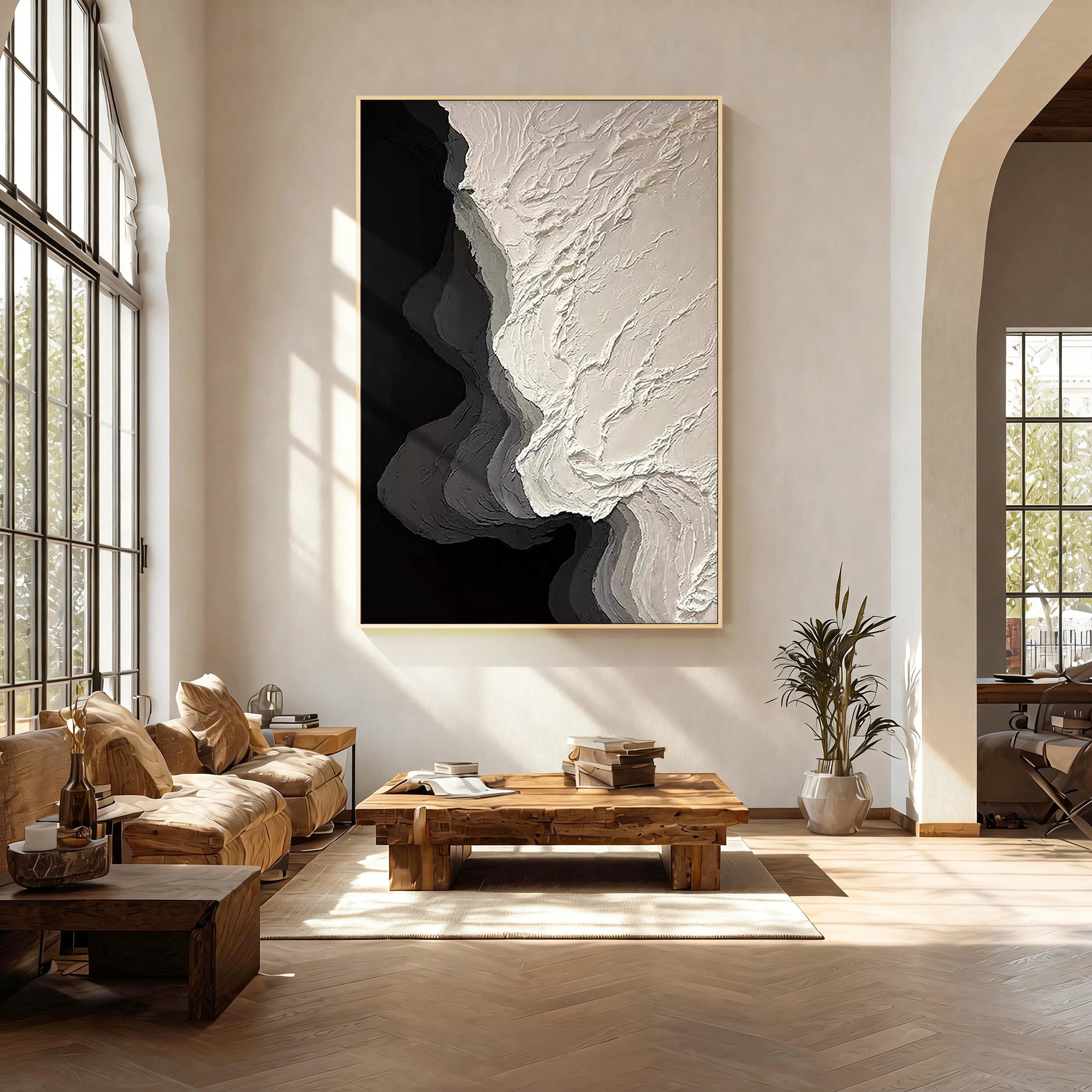 large monochrome textured canvas in contemporary living space