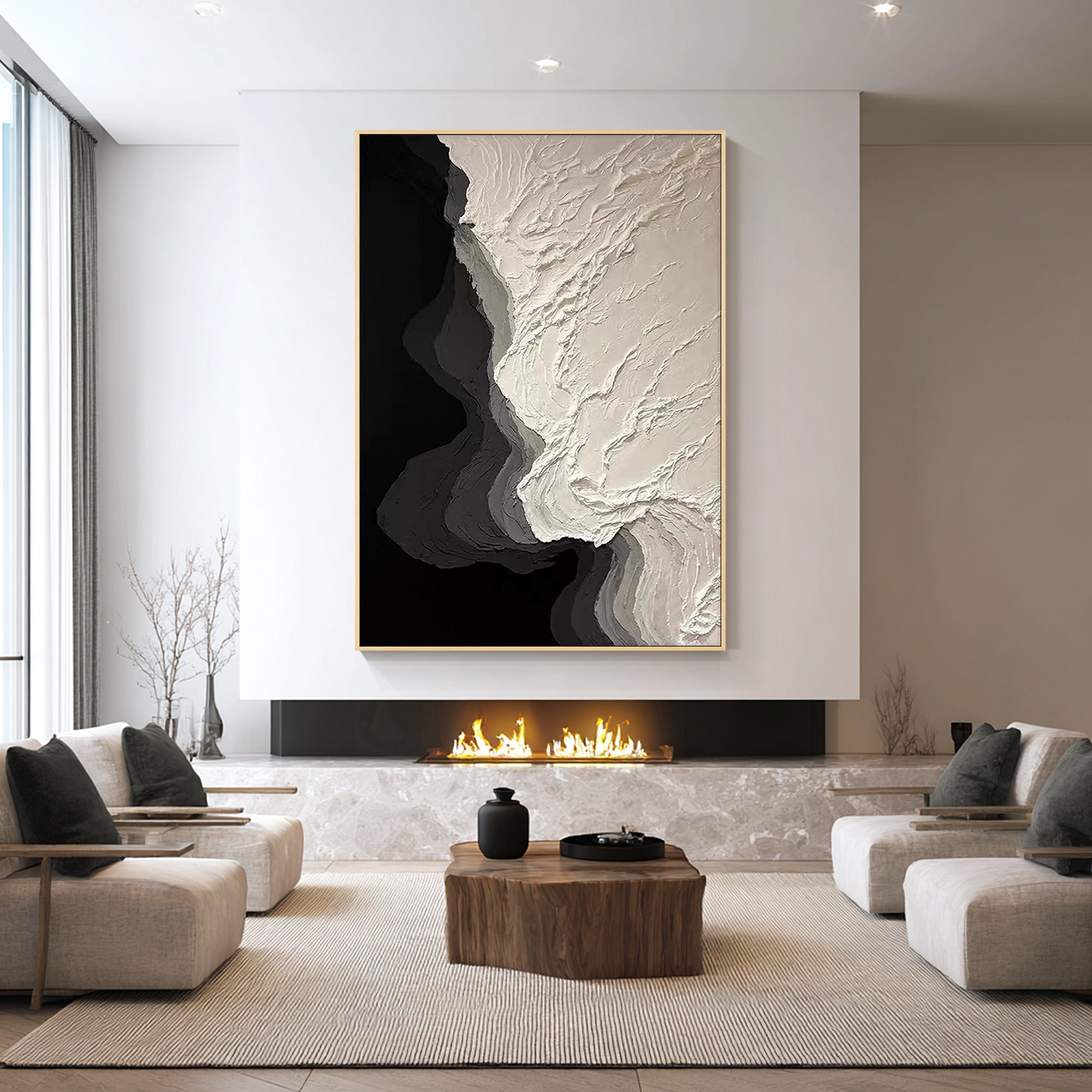 vertical abstract ocean painting in minimalist livingroom decor