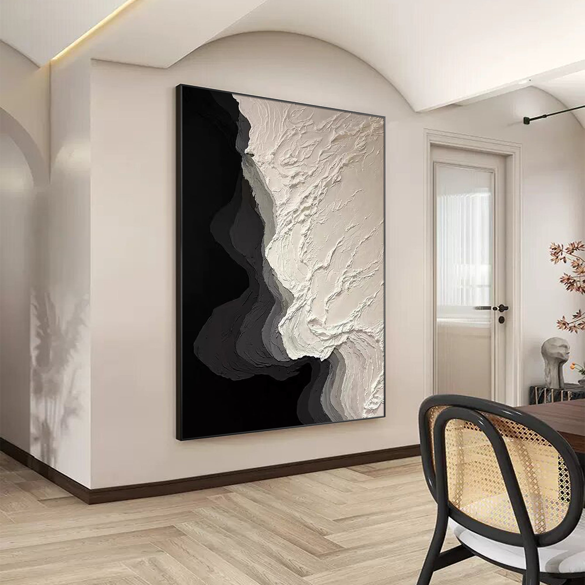 modern textured painting above desk in home office