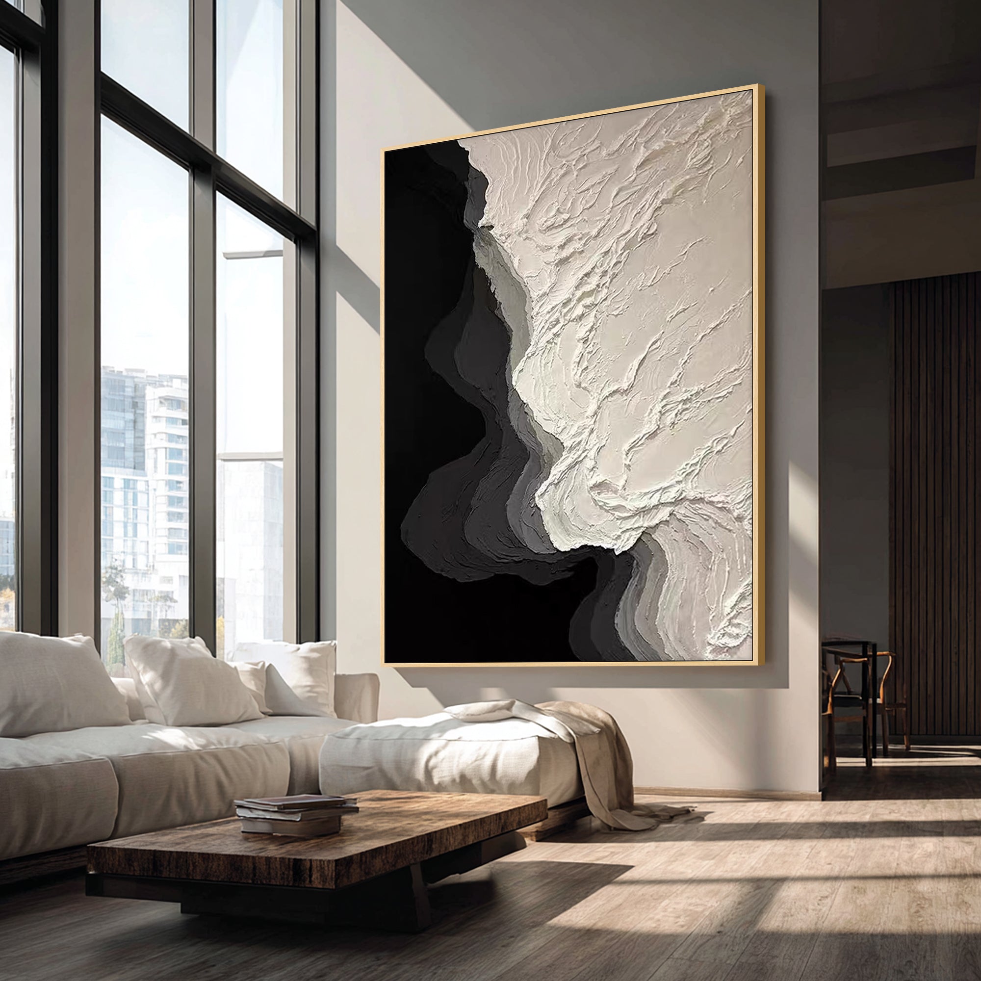 black and white textured wall art in modern living room above sofa