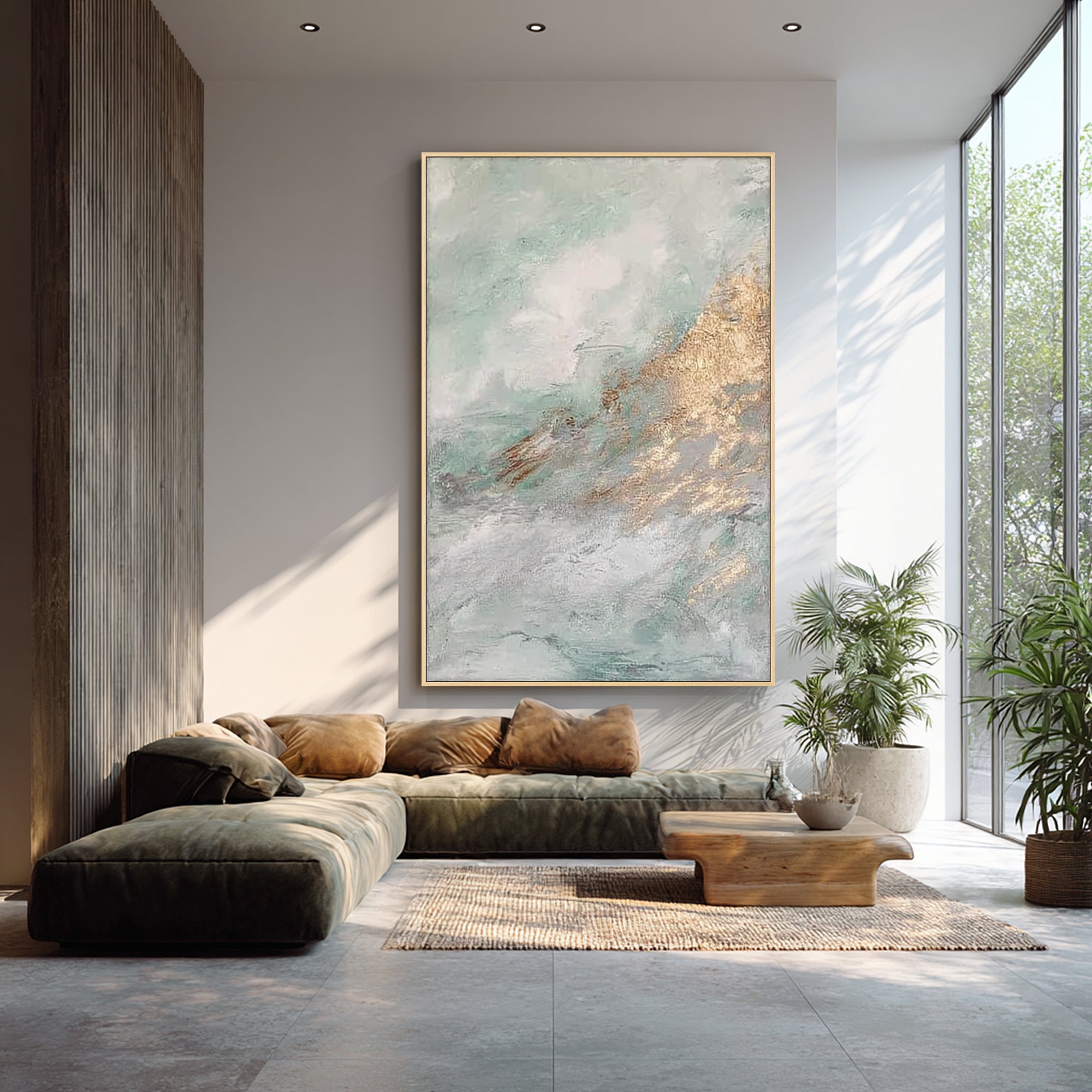 abstract ocean style painting in cozy living room interior