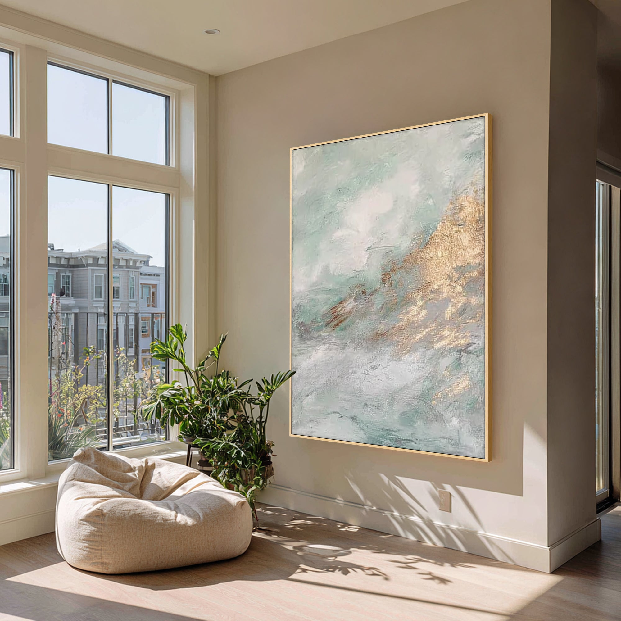 vertical sage green abstract painting in hallway wall decor