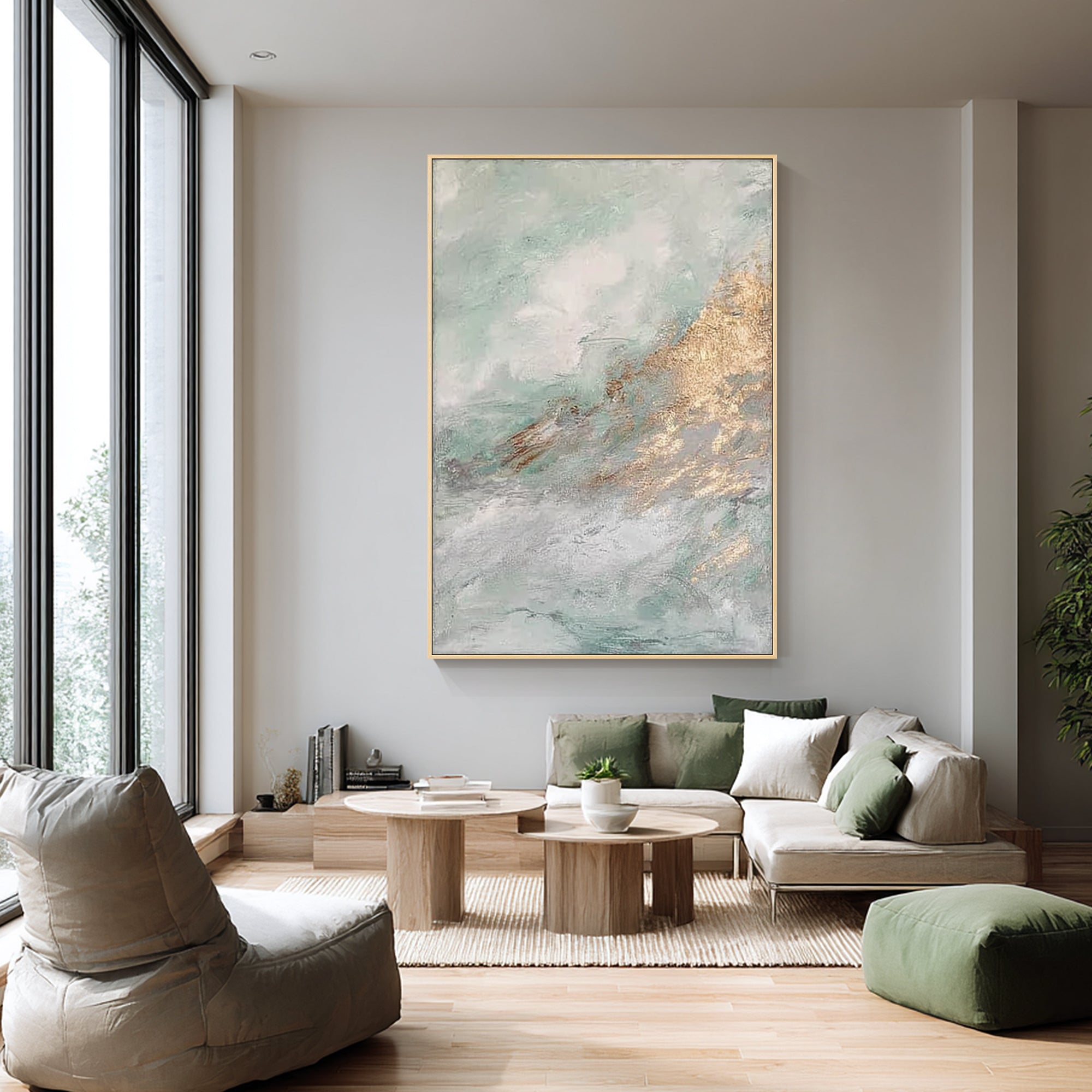 large green and gold textured canvas in neutral living room decor