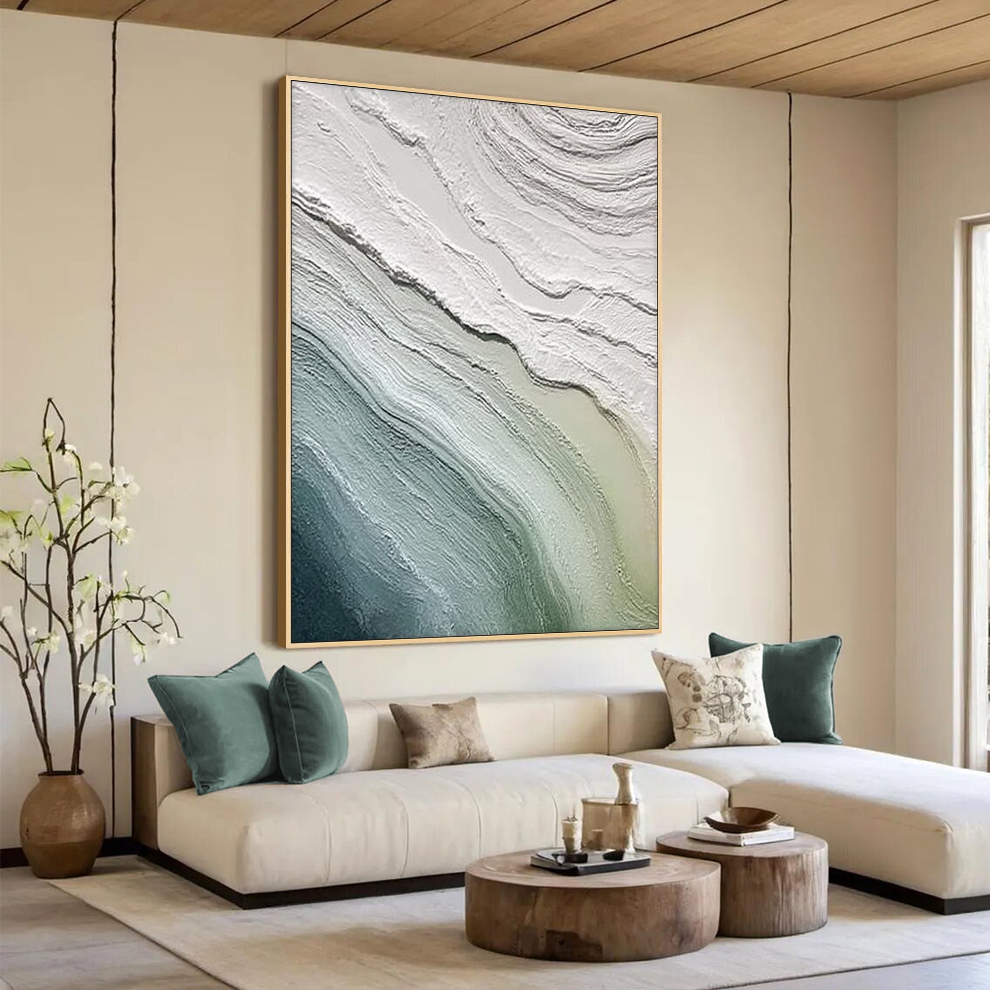 large vertical gradient wall art in neutral modern home interior