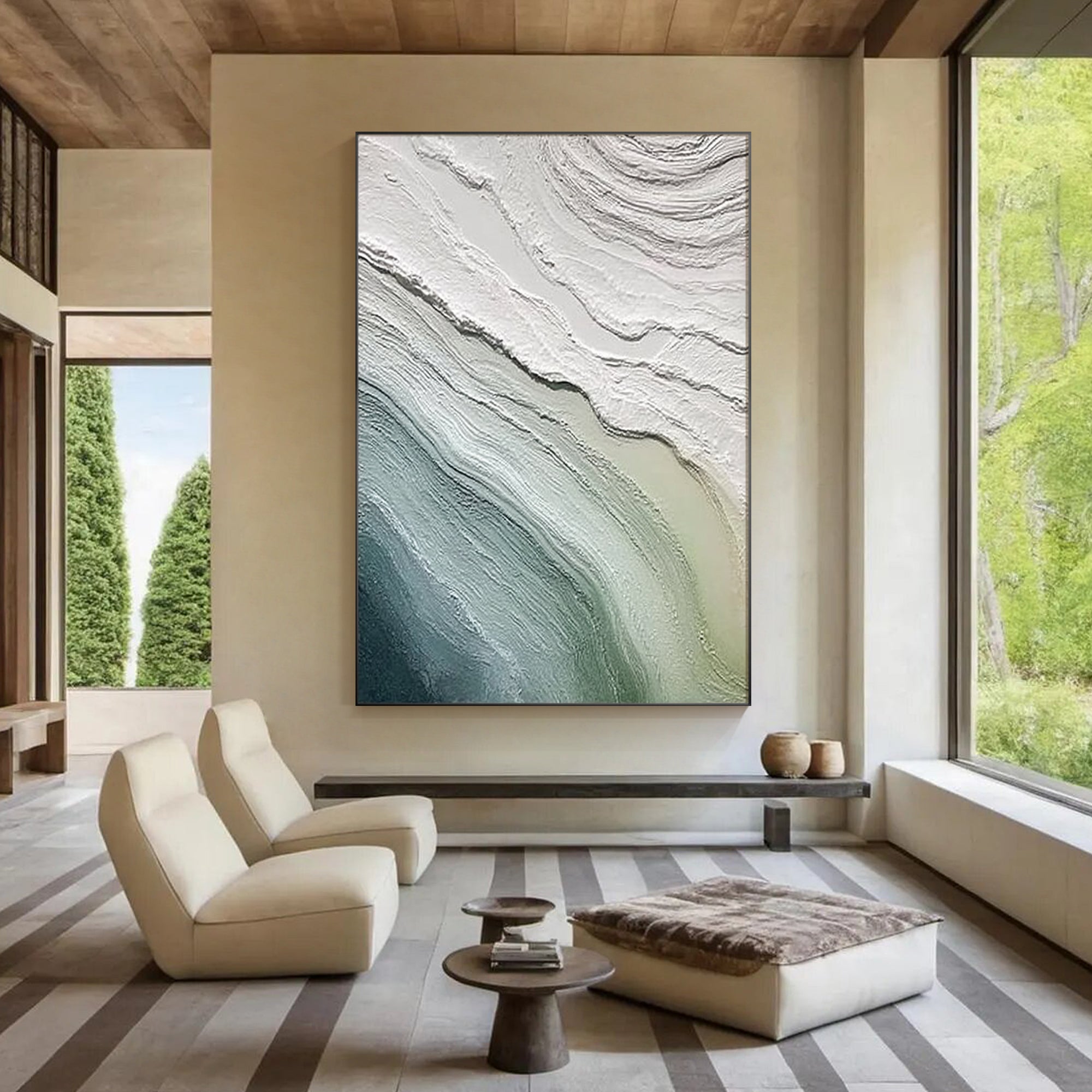 modern green blue wall art beside bed in minimalist livingroom
