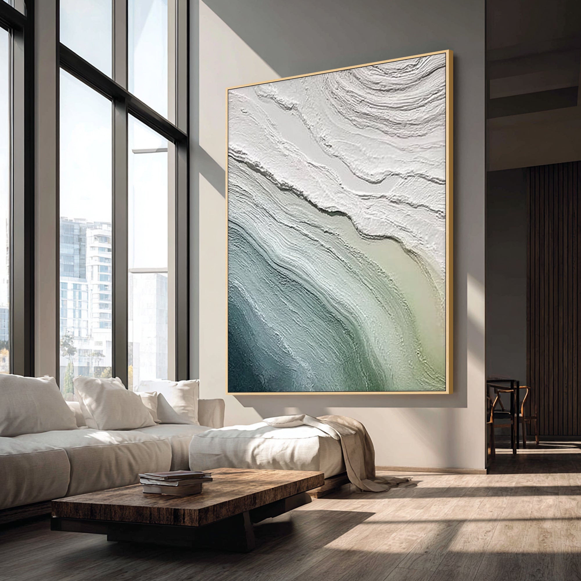 green blue abstract ocean wall art vertical canvas in modern living room