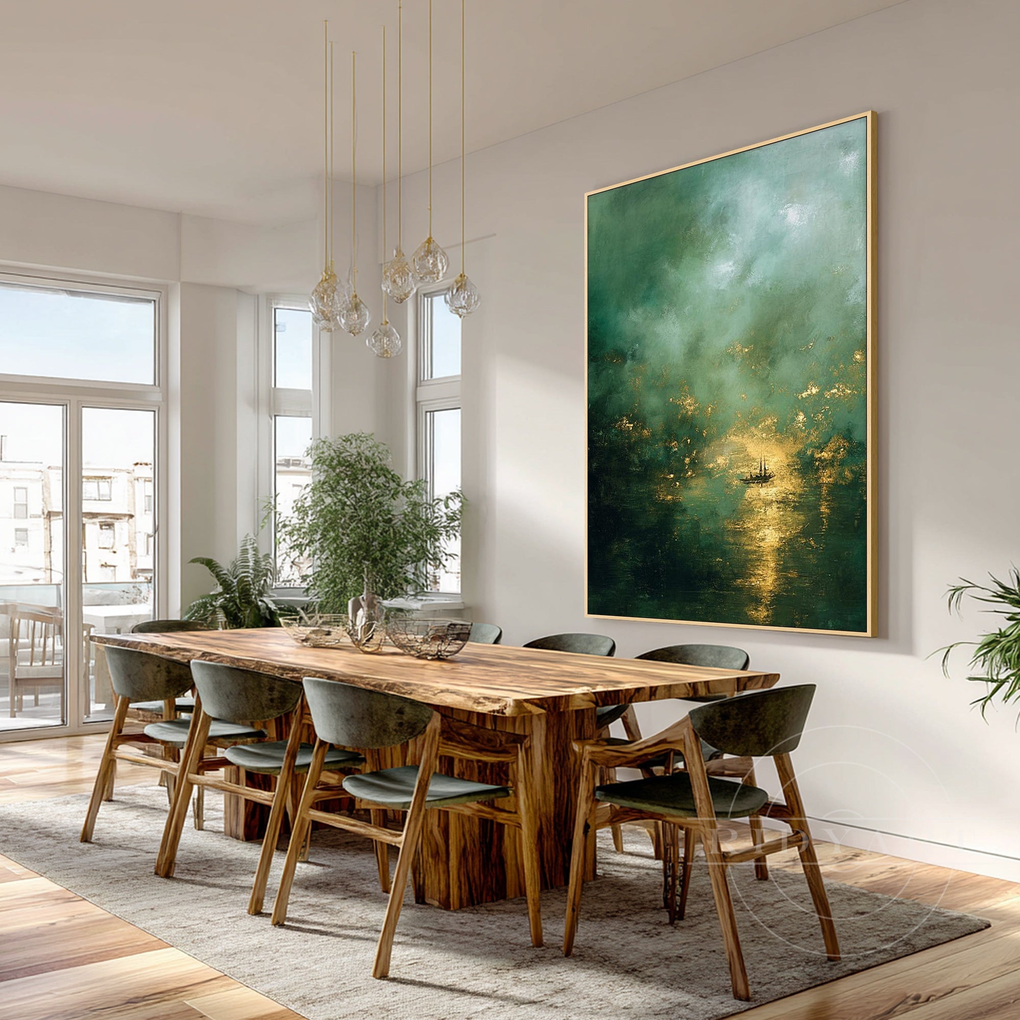 Nature-inspired dark green wall decor with soft atmospheric texture for modern office or dining room
