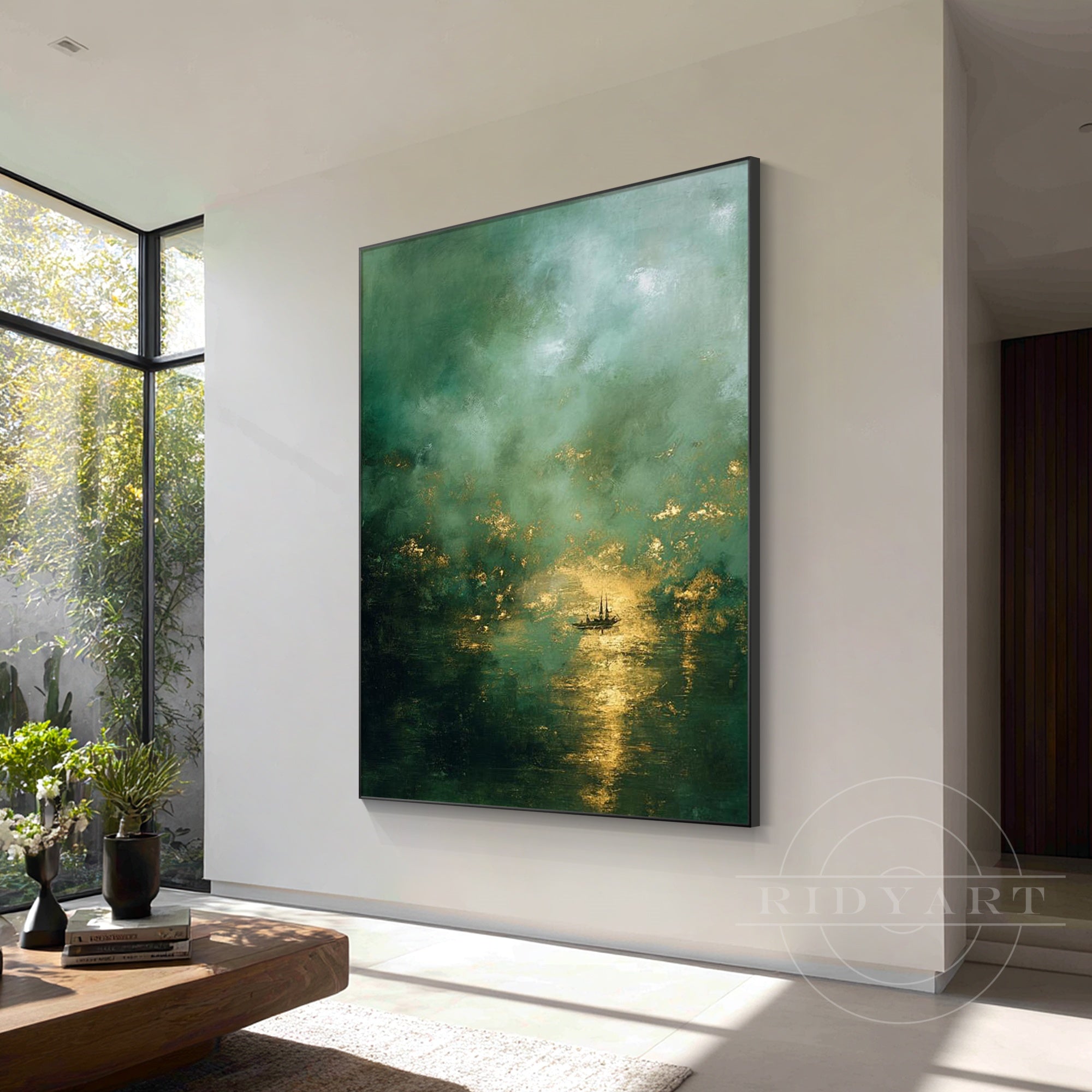 Handmade green abstract painting with textured finish for Scandinavian style home