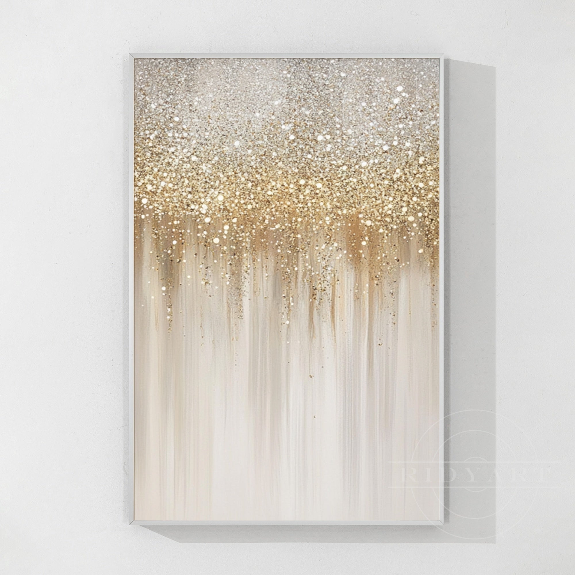 Large neutral abstract wall art with champagne shimmer above contemporary sofa