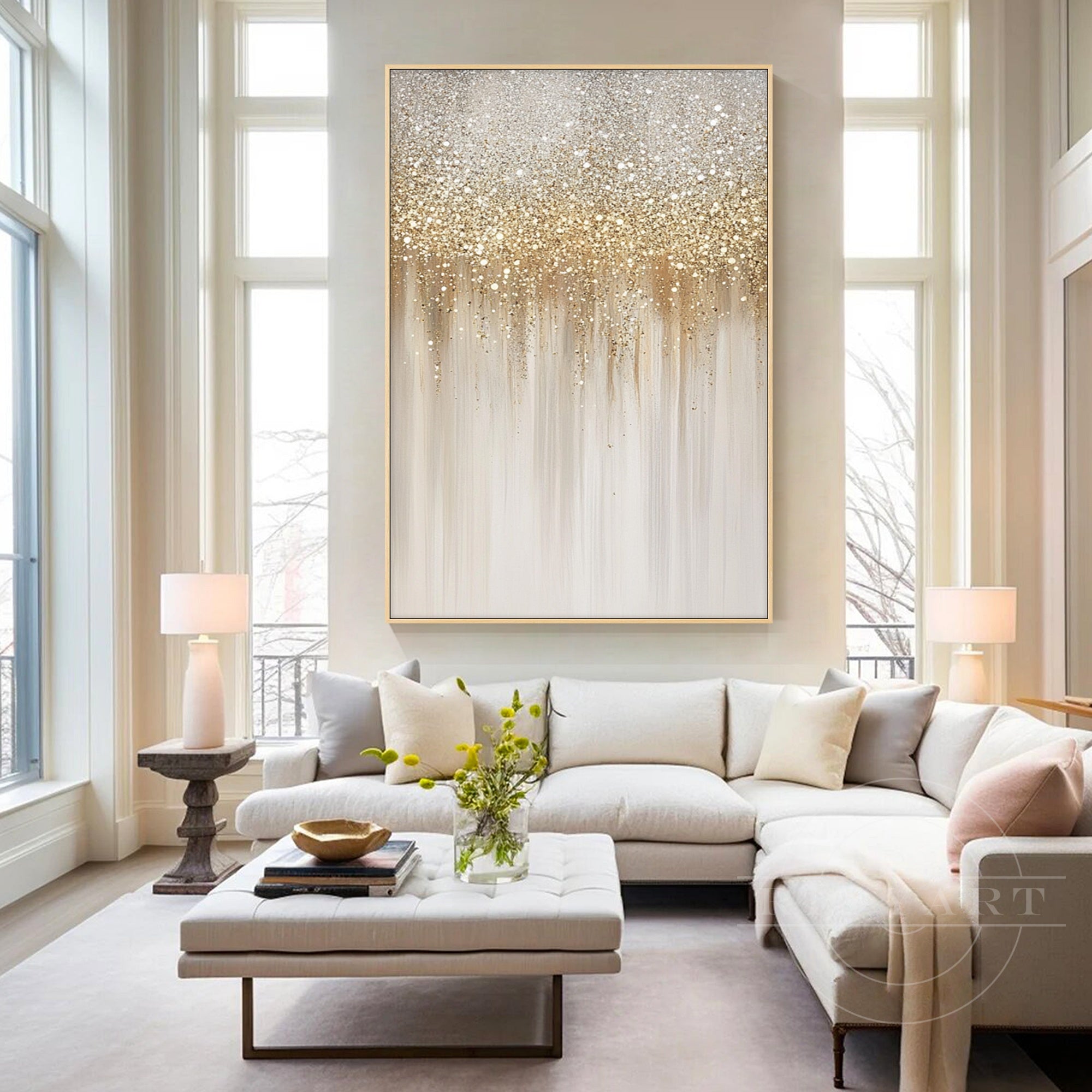 Vertical champagne gold abstract painting for elegant dining room and bedroom decor