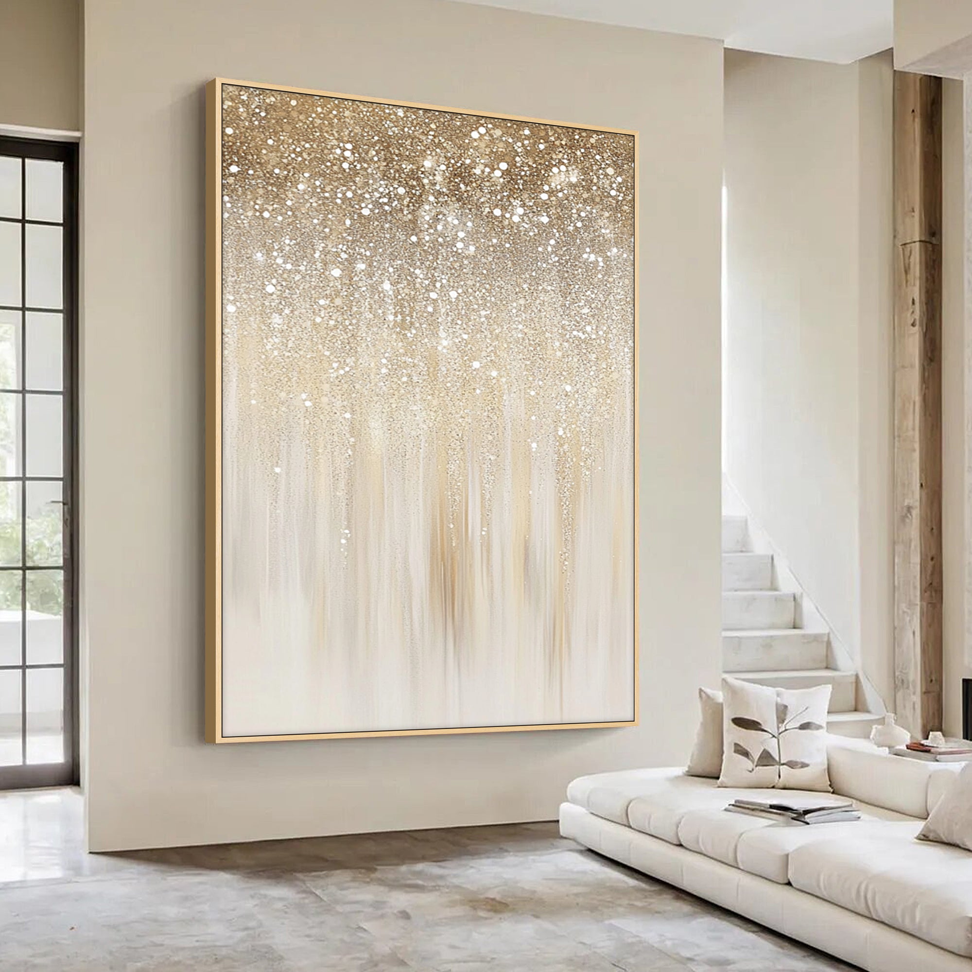Textured neutral canvas artwork with flowing gold details for Scandinavian style home