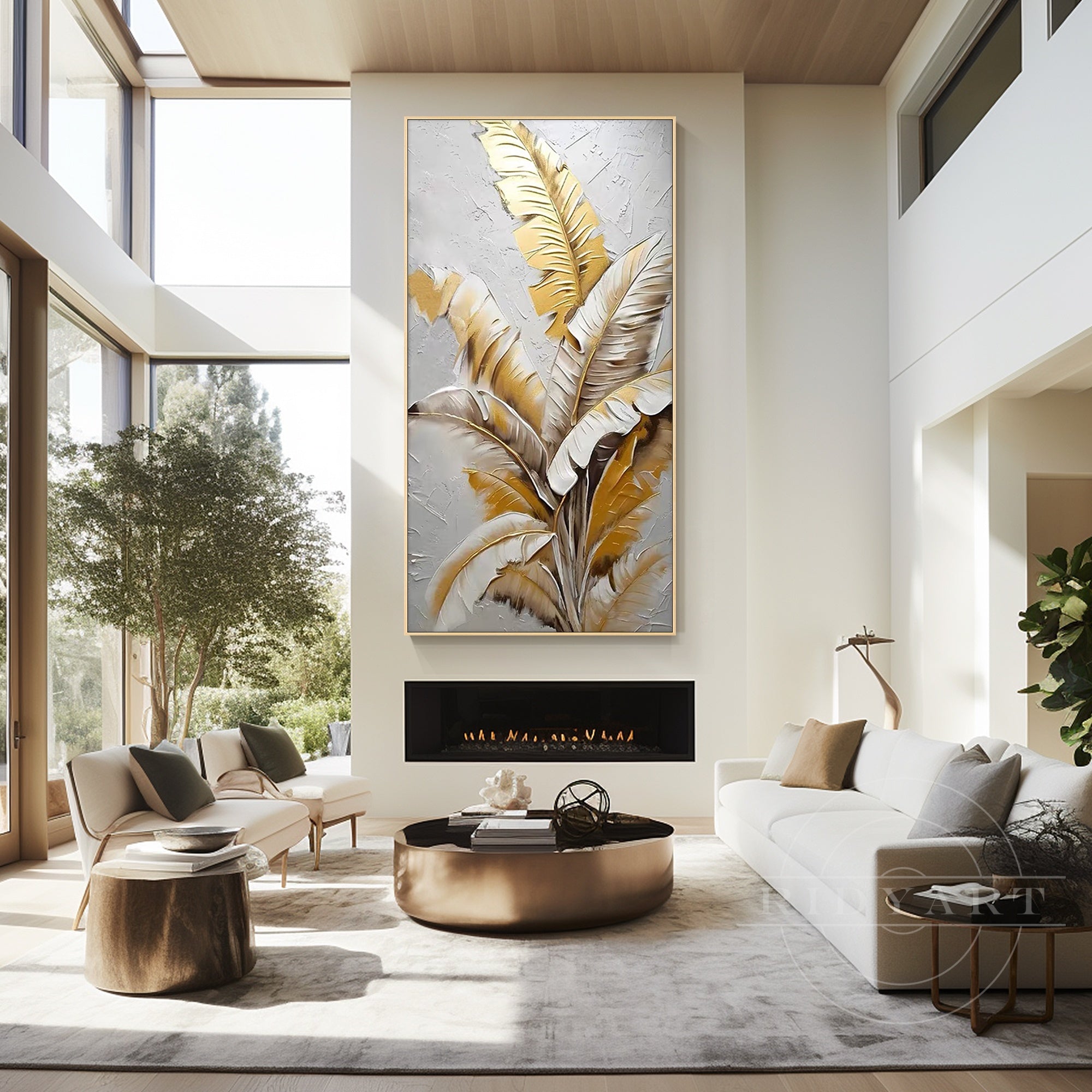 Modern gold botanical wall art in living room