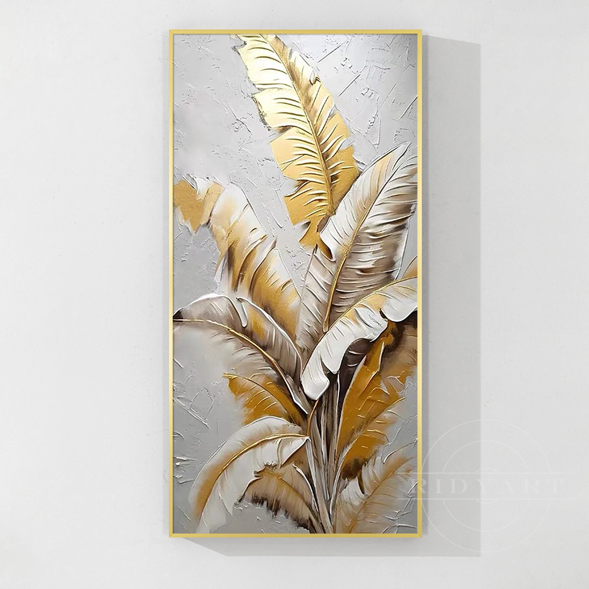 Gold tropical leaf textured wall art in modern living room