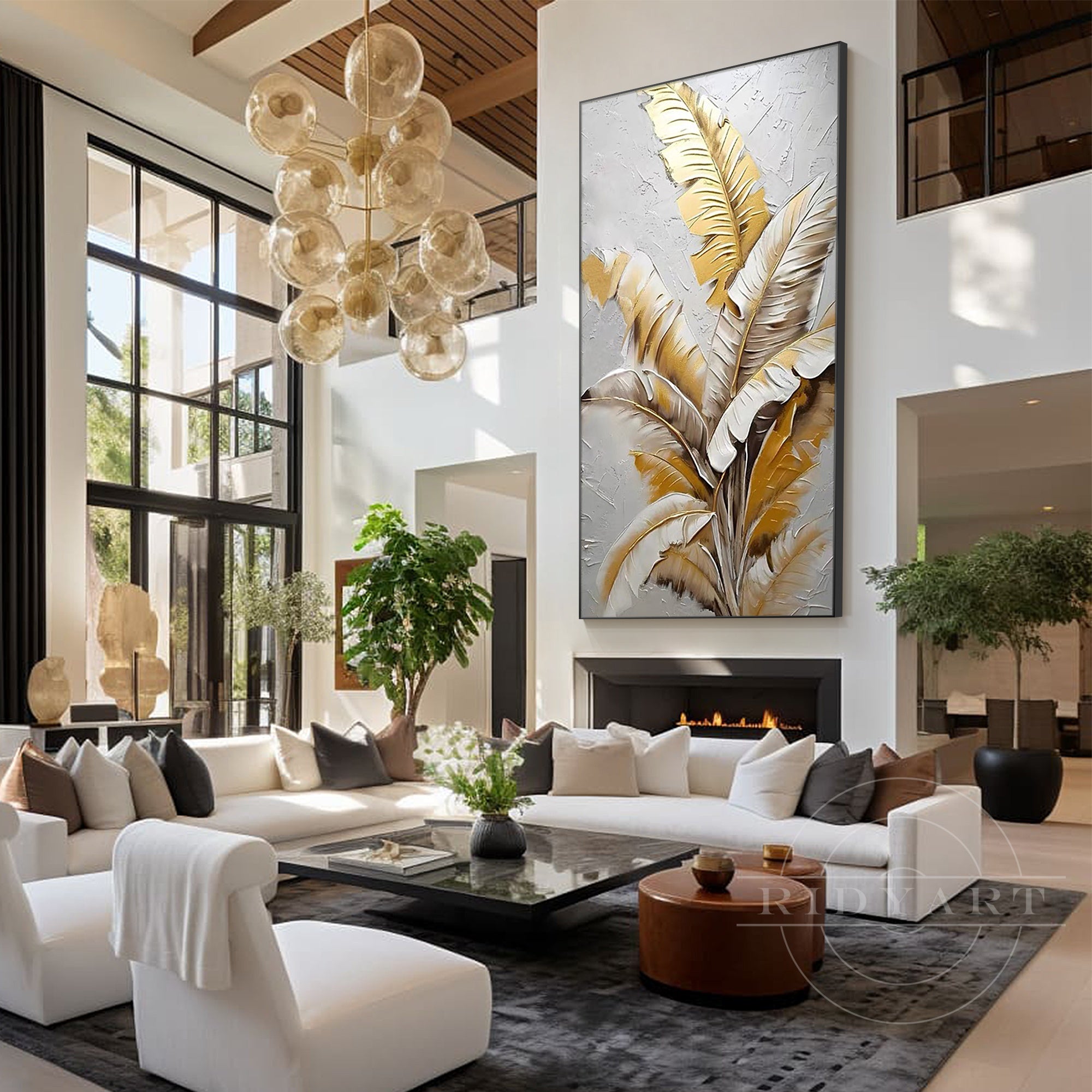 Neutral botanical canvas painting above beige sofa