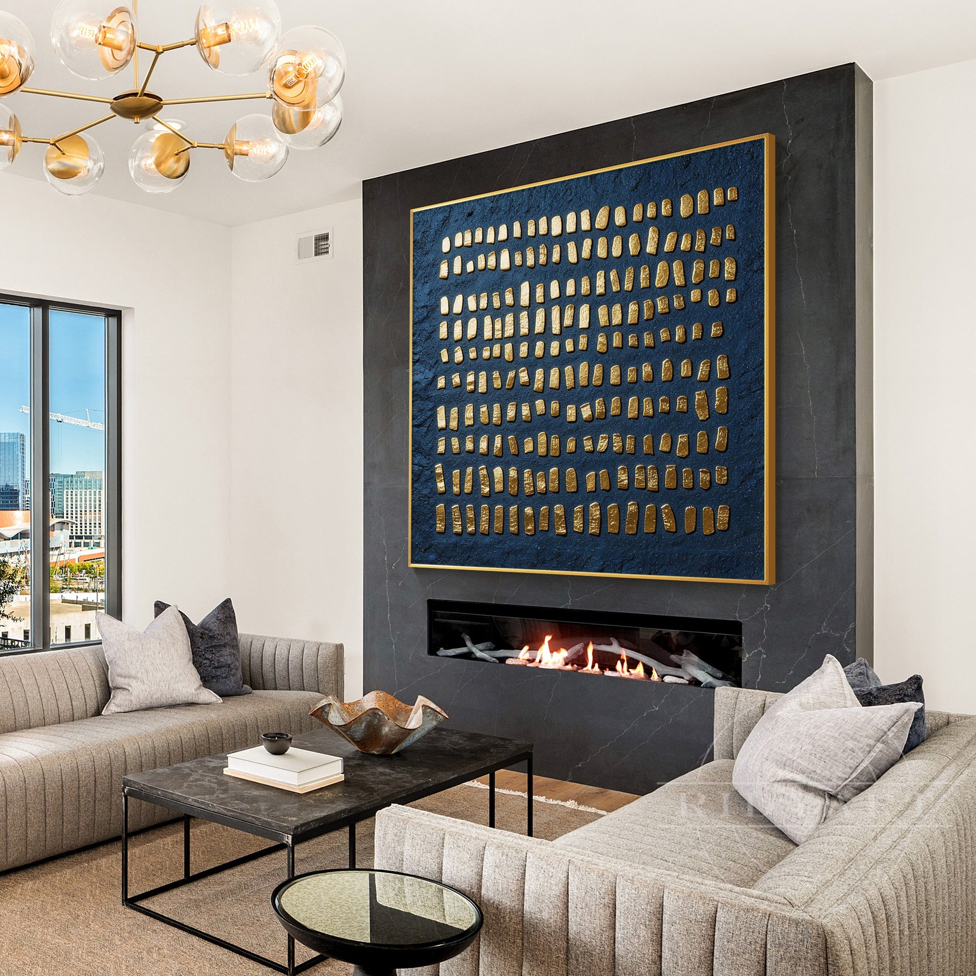 Textured geometric abstract wall decor with gold accents