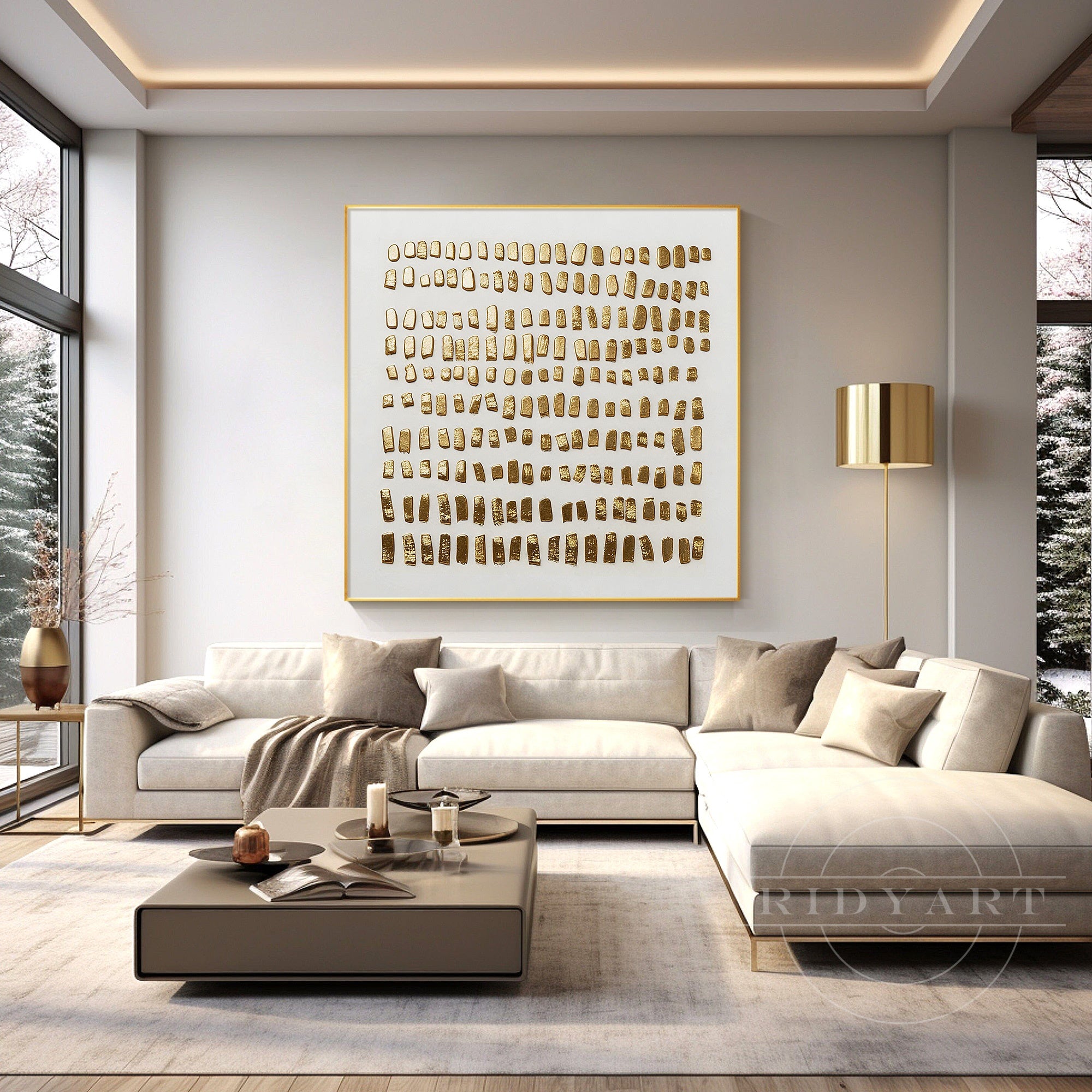 Gold leaf abstract wall art above sofa