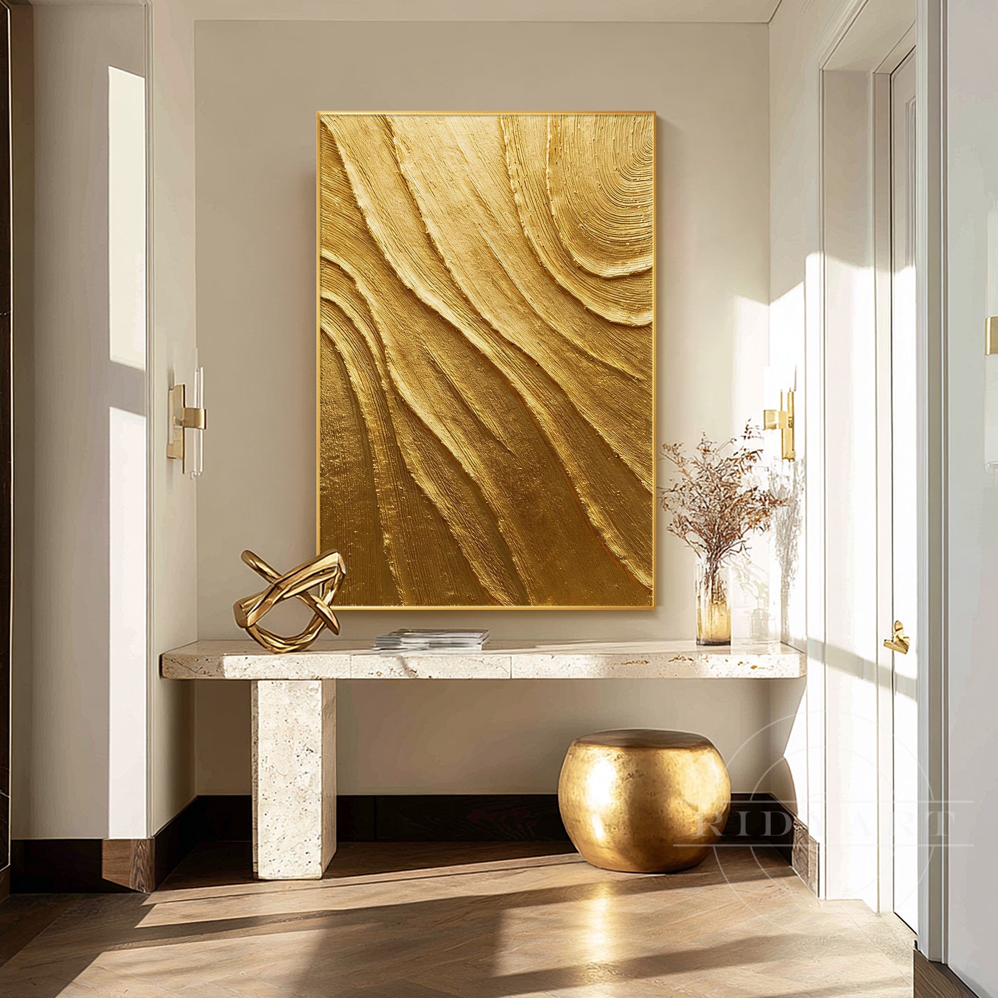 Large vertical gold metallic canvas painting
