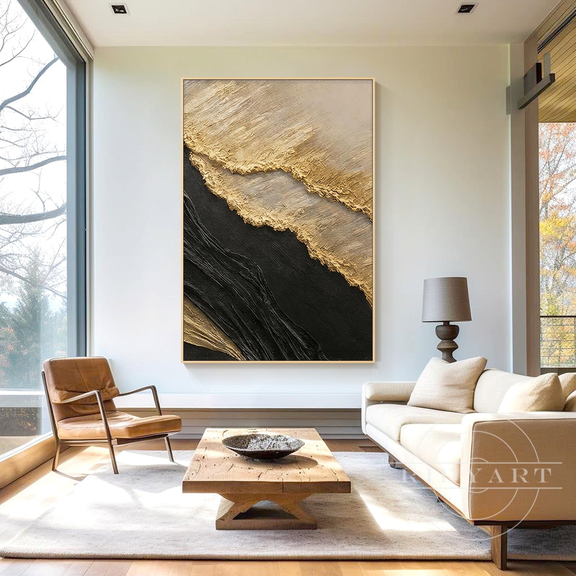 3D heavy impasto black gold abstract painting framed