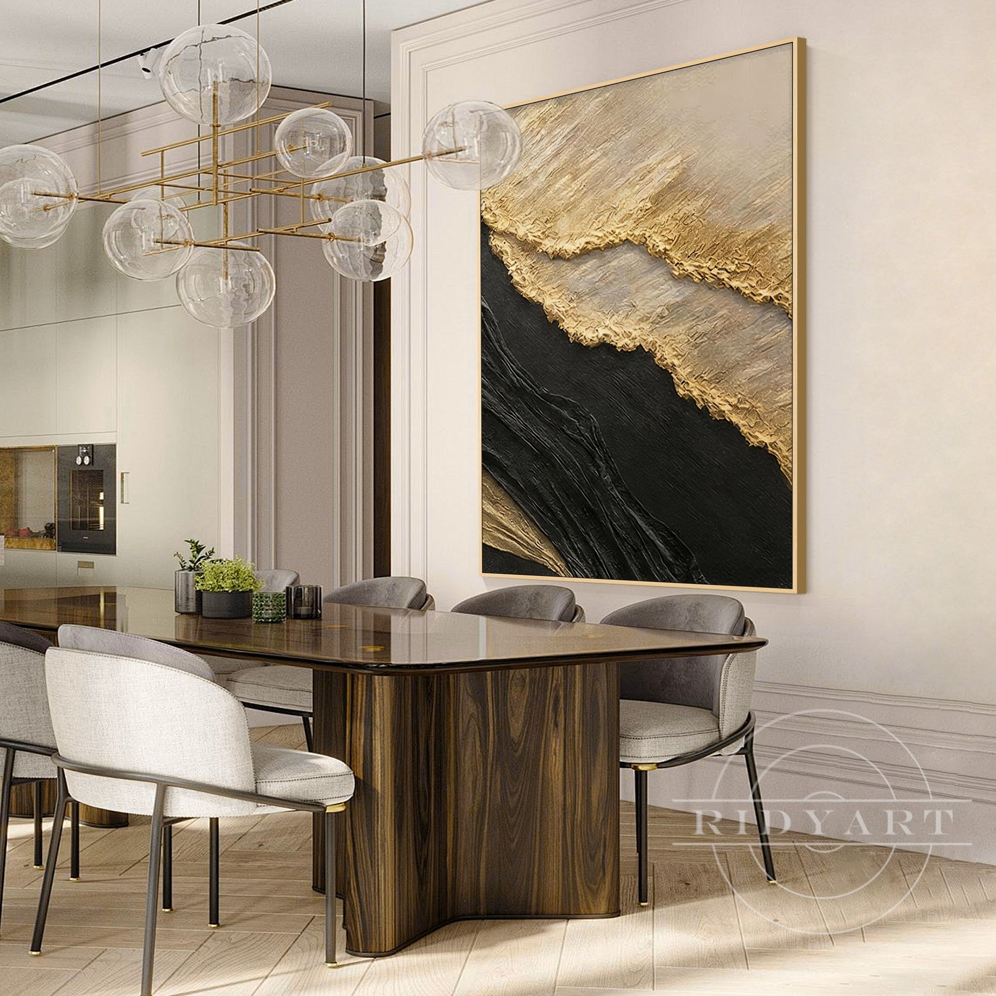 Modern contrast black gold plaster wall art for living room