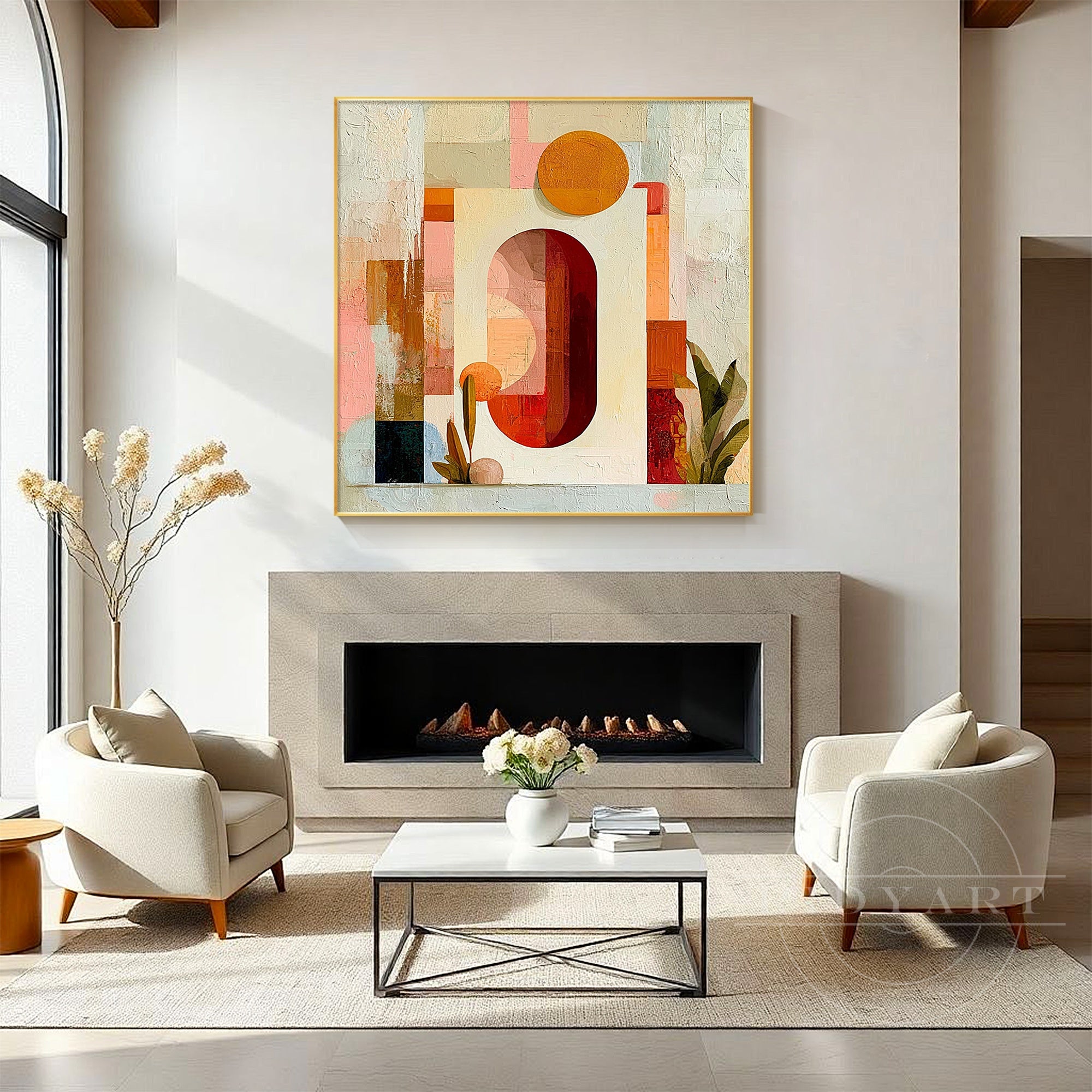 Modern mustard and rust abstract canvas art.