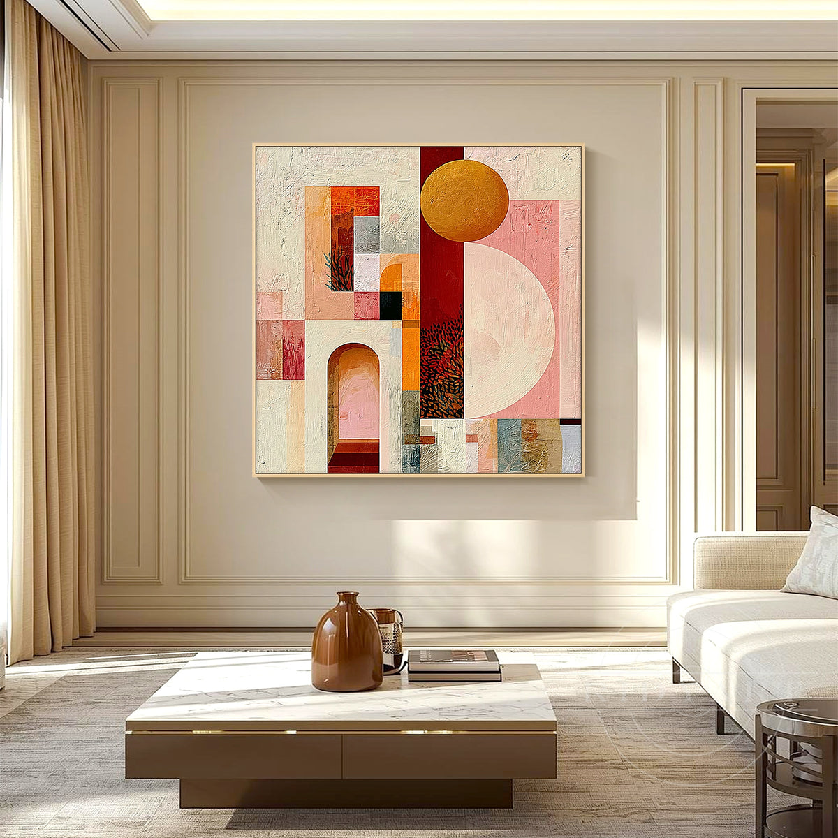 Boho desert sun canvas with gold frame.