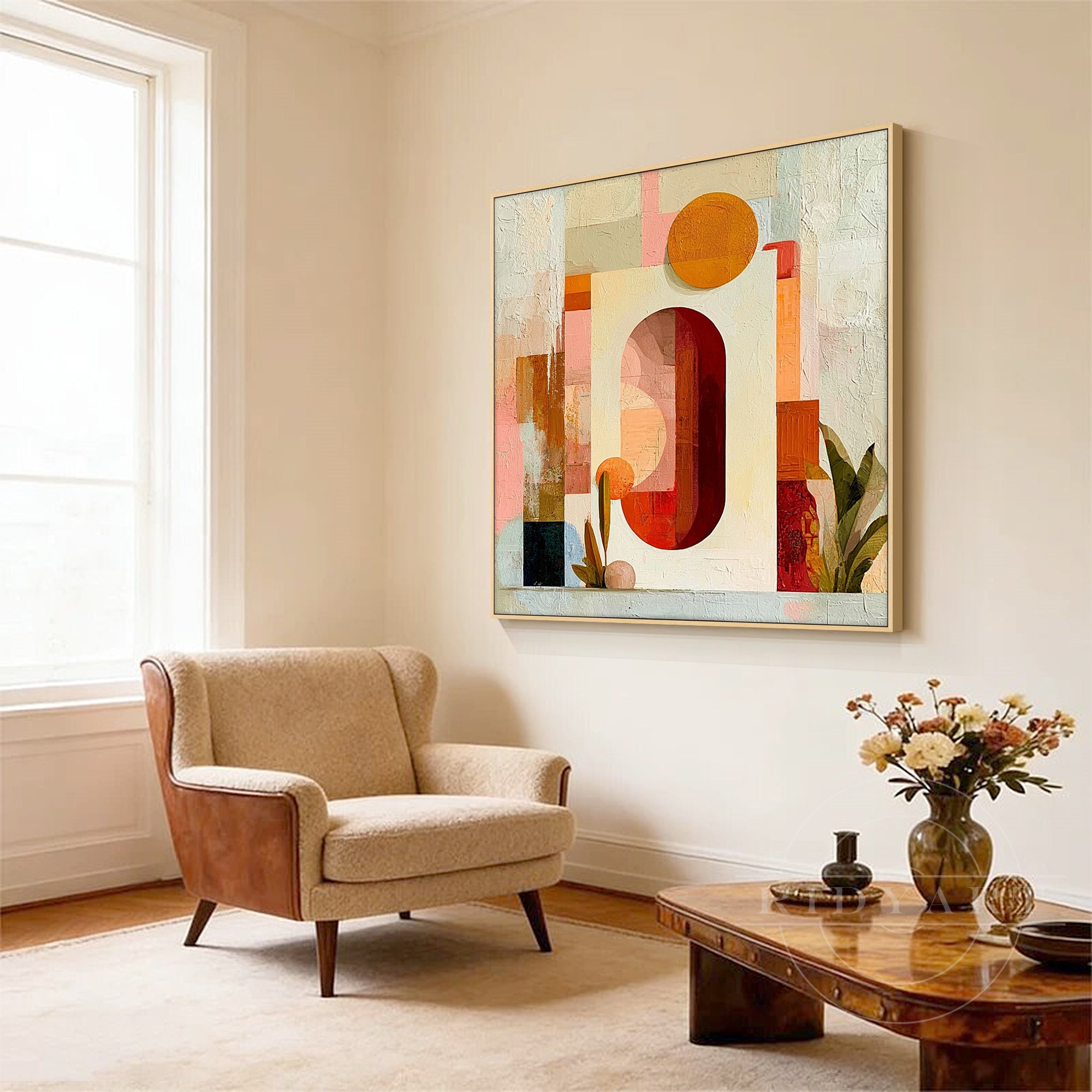 Tropical leaf and warm sun abstract painting.