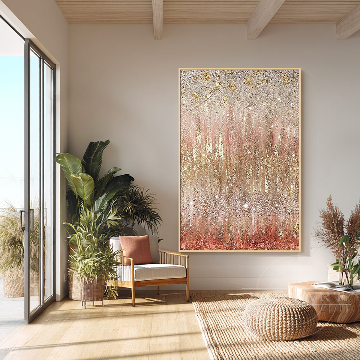 Handmade rose gold abstract canvas art styled in a modern luxury living room.