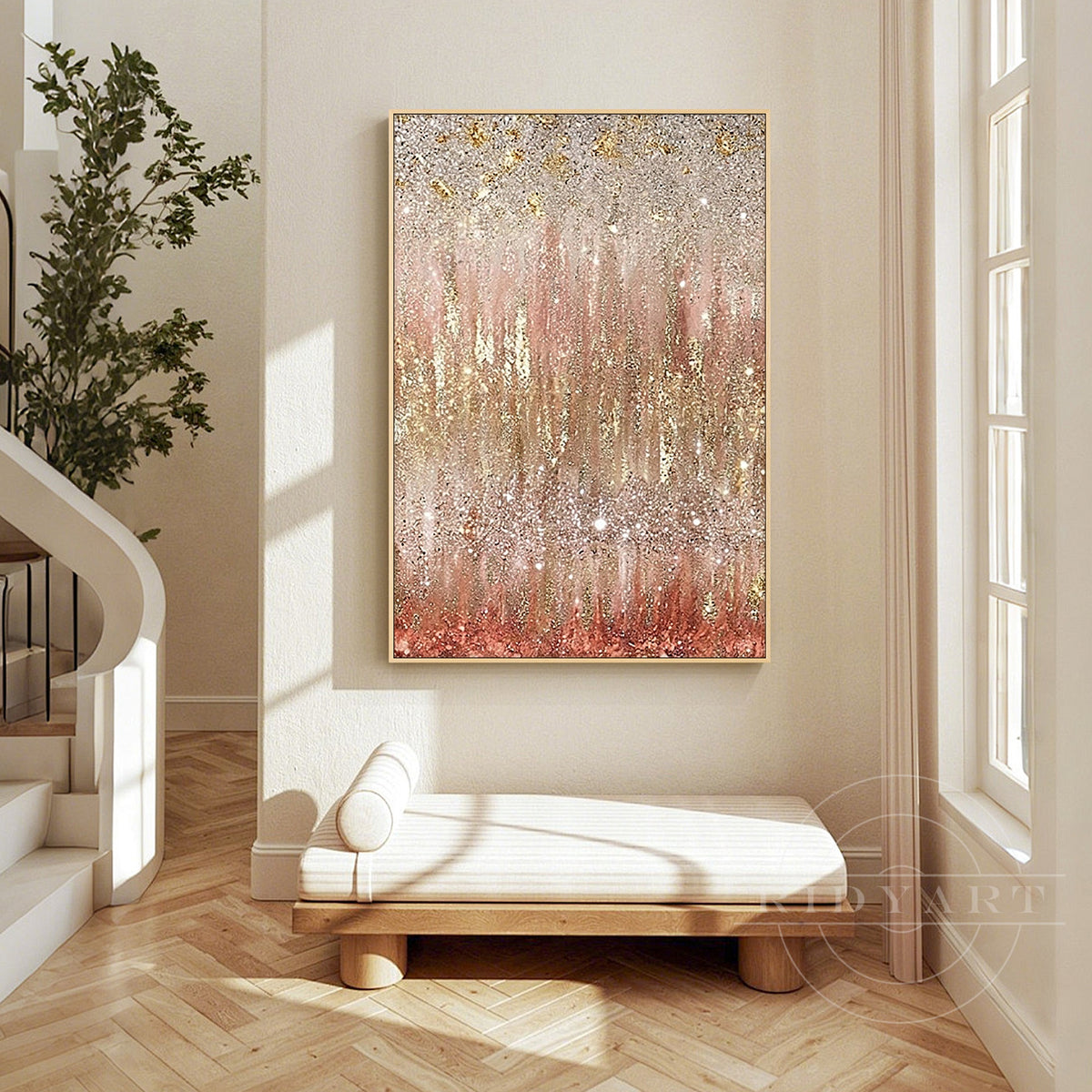 Soft blush pink textured wall art adding warm romance .