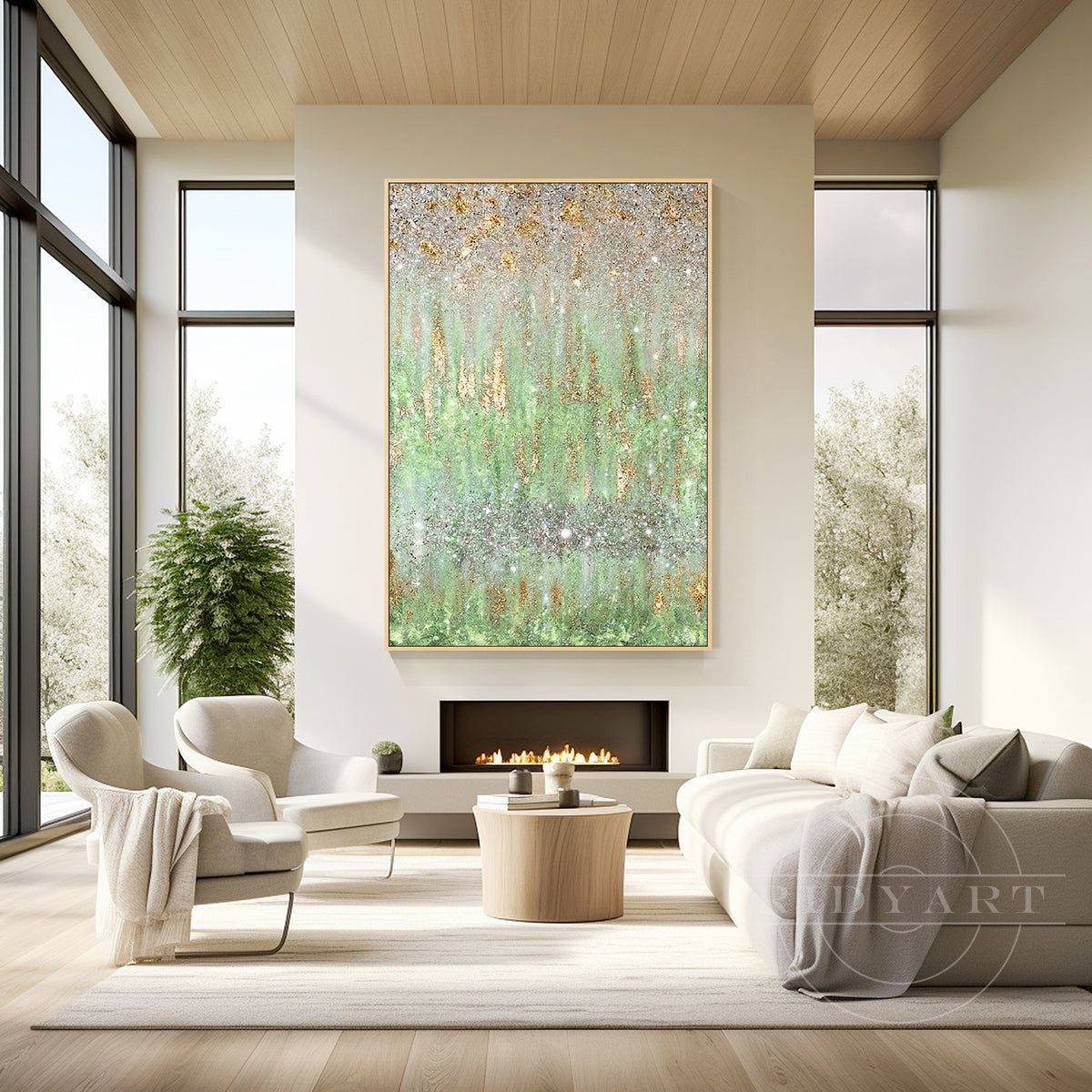 Hand-painted sage green and gold abstract canvas art above a beige sofa in a modern living room.