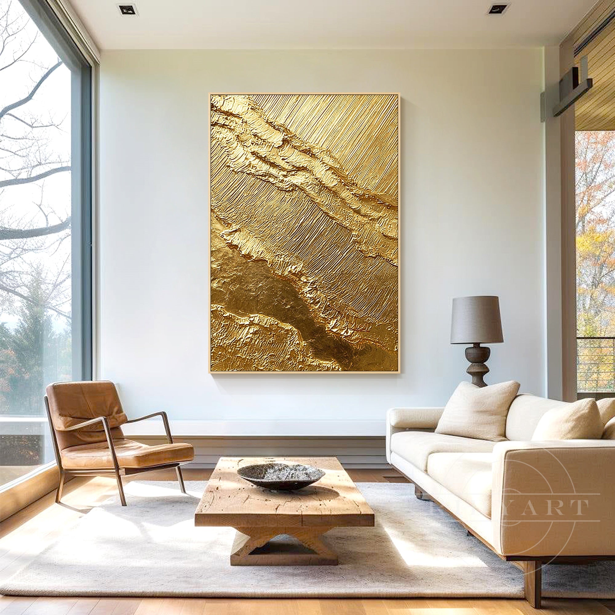 Gold abstract painting with diagonal texture