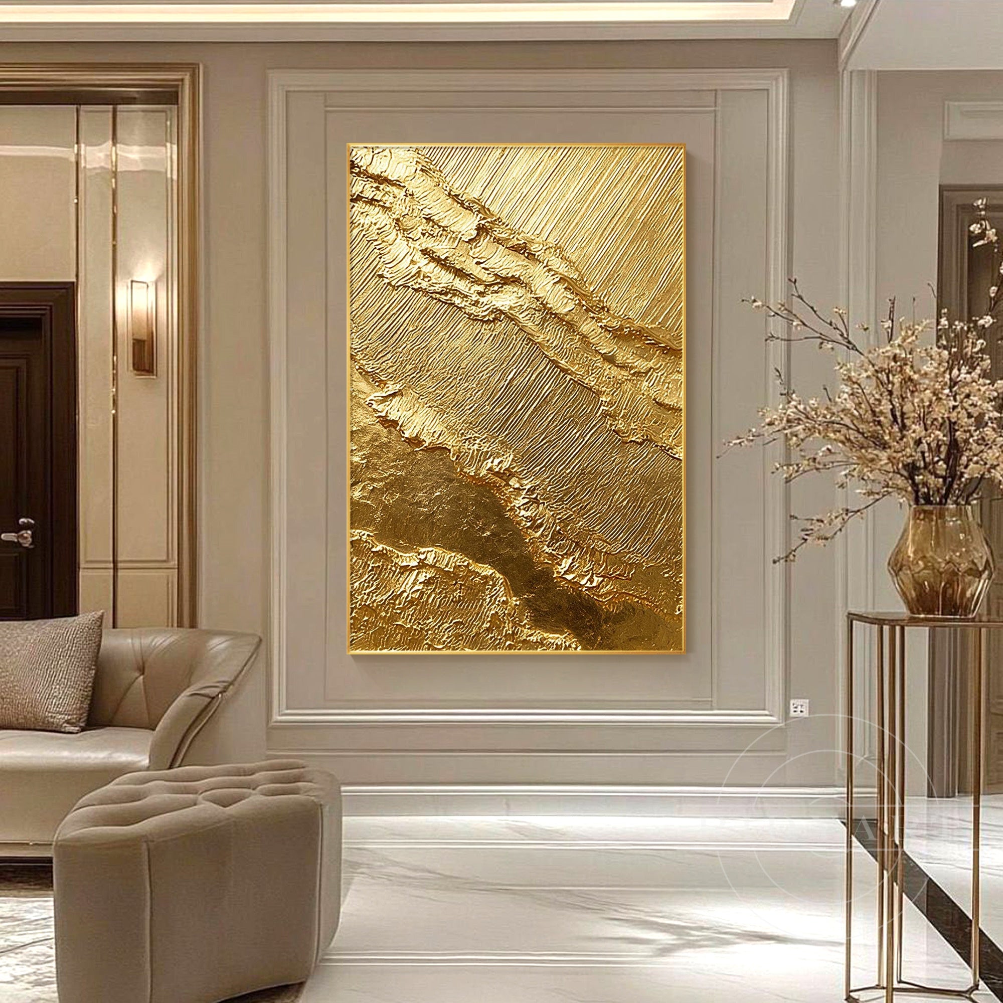 Gold abstract art with layered linear texture