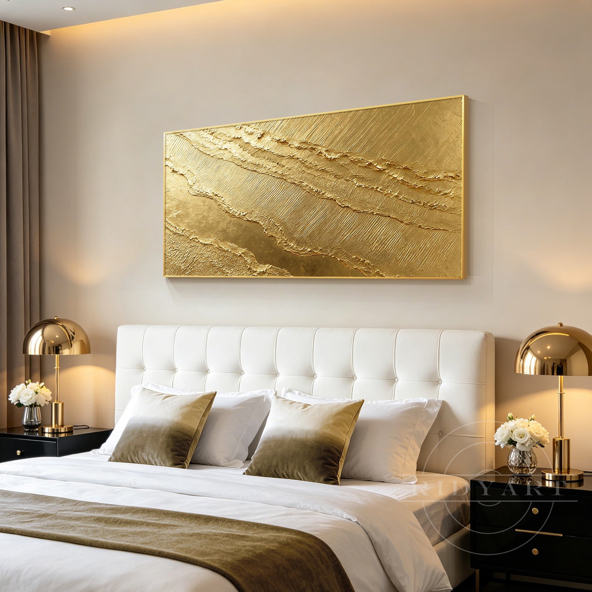 Luxury gold foil painting above sofa decor.