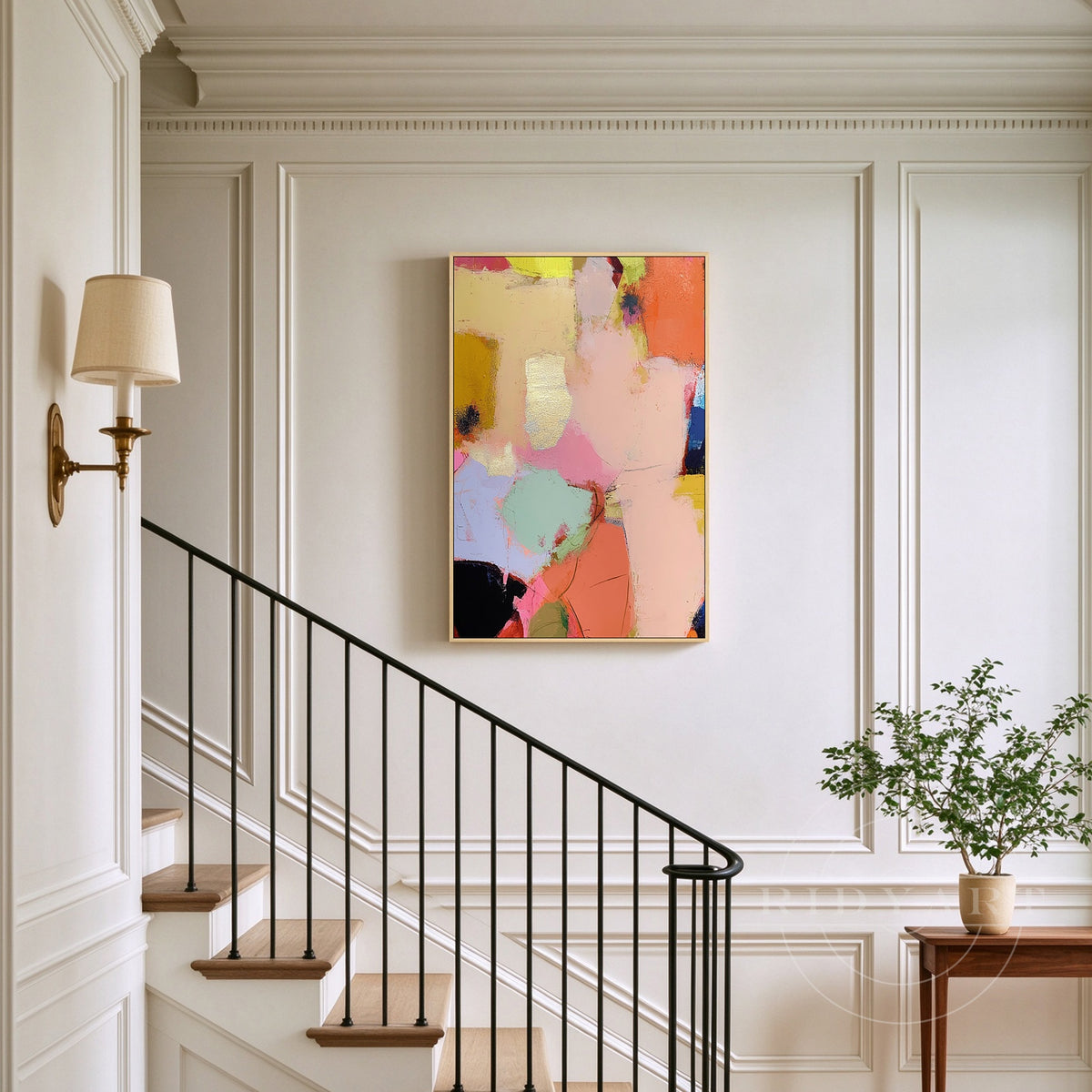Modern abstract painting in pink, peach, mint green, yellow and lavender with expressive texture for colorful living room wall decor.