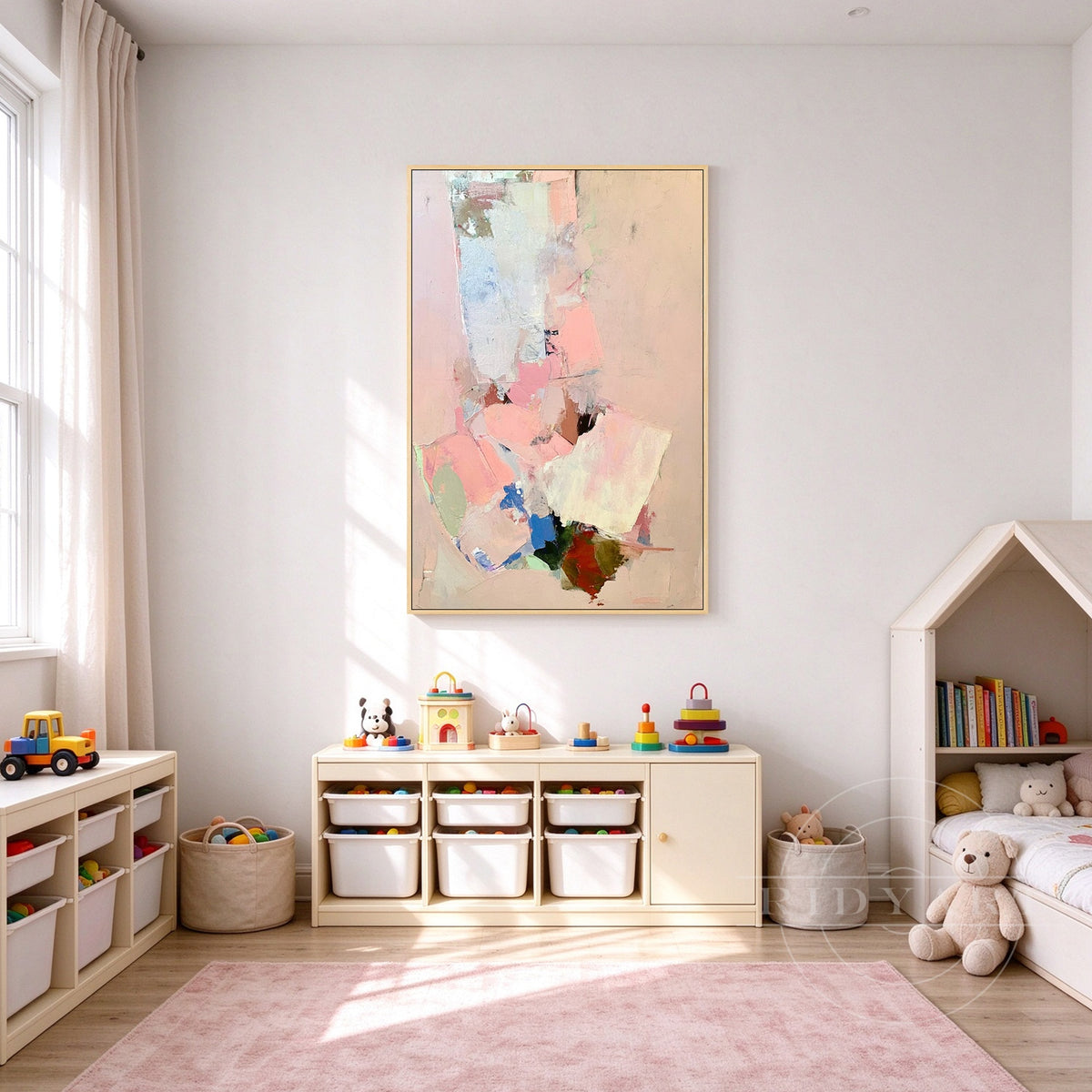 Soothing pastel pink hand-painted abstract canvas artwork mounted above a king bed frame for bedroom decor.
