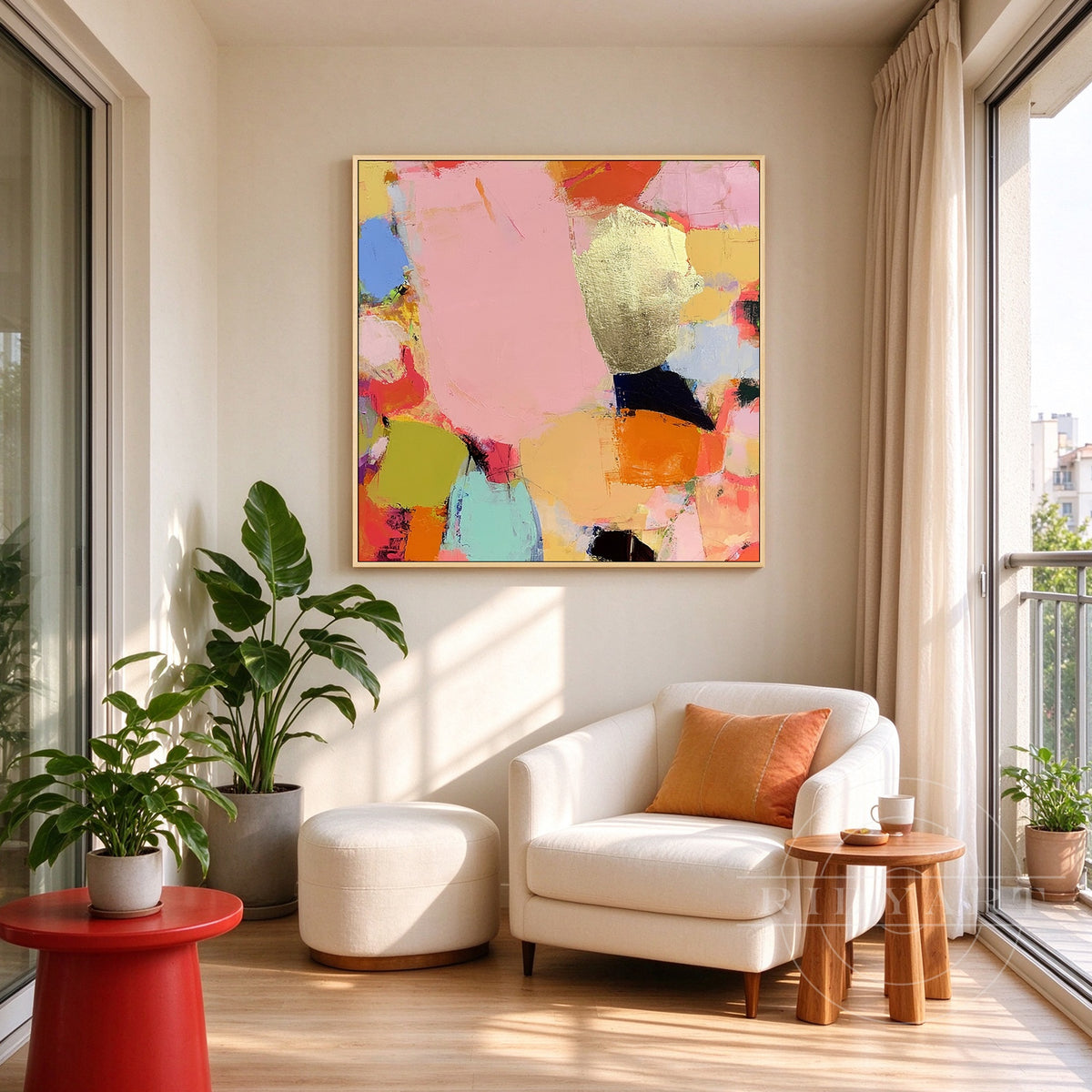 Hand-painted gold leaf pink modern abstract oil painting on canvas hanging above a white sofa in a bright contemporary living room.