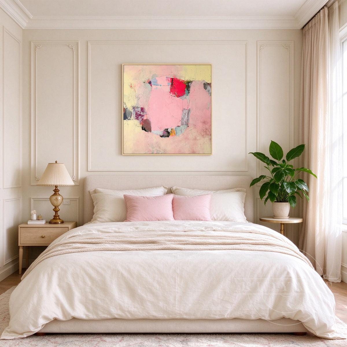 Soothing pastel pink hand-painted abstract canvas artwork with gold frame mounted above a king bed frame for bedroom decor.