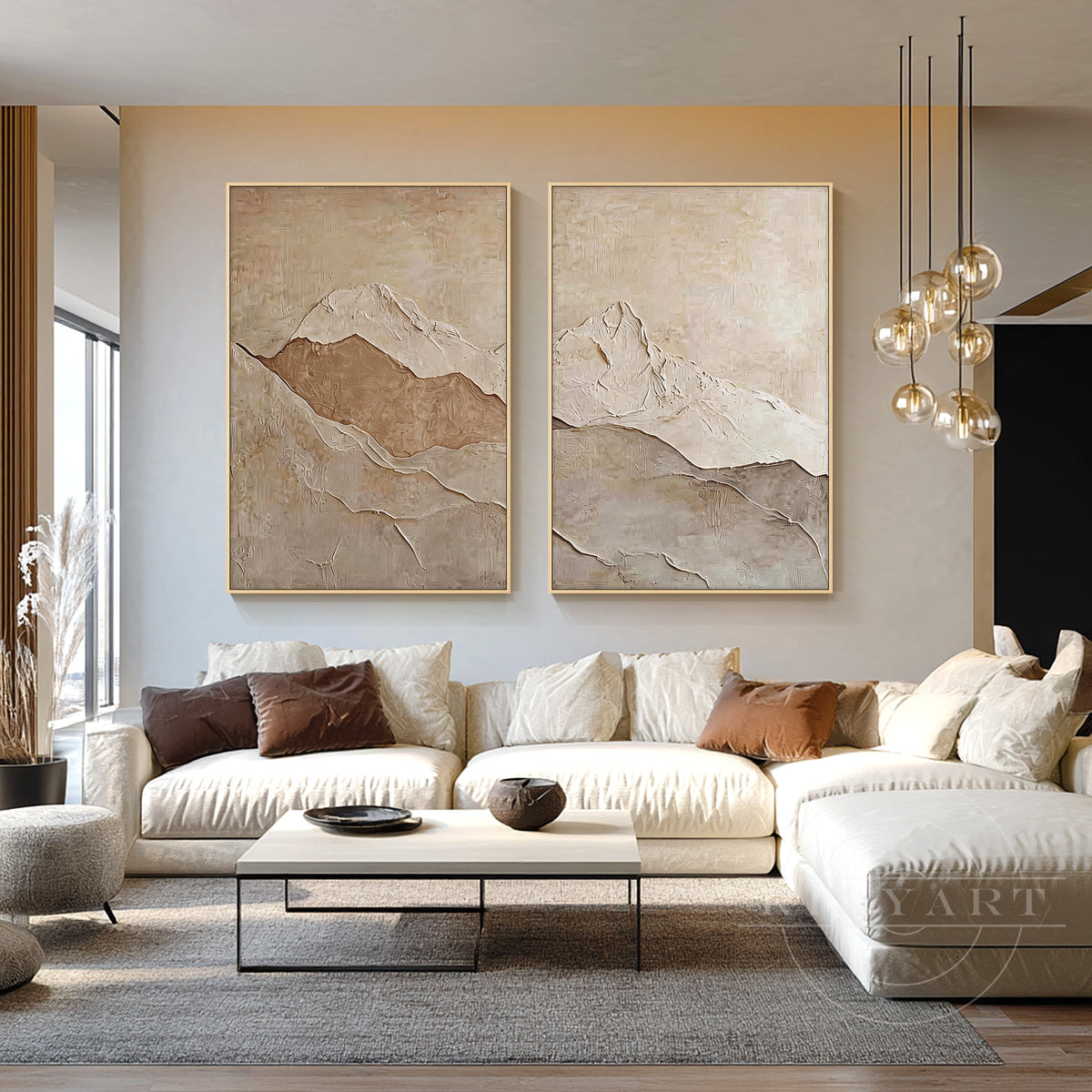 Beige mountain landscape textured canvas diptych.