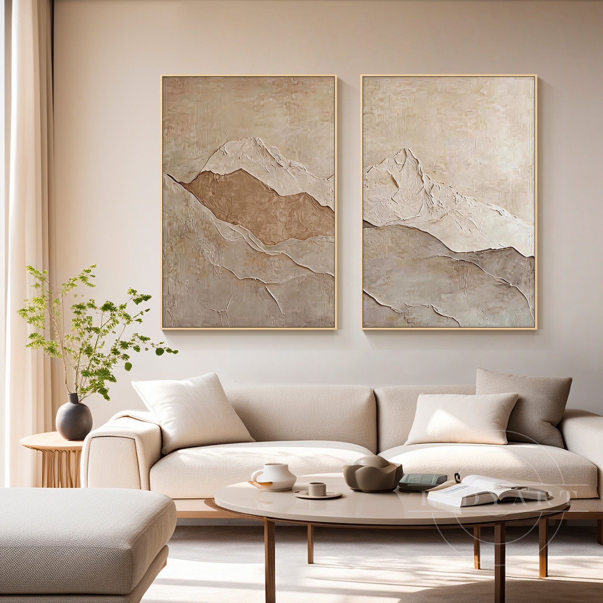 Earthy cream and taupe mountain abstract decor.