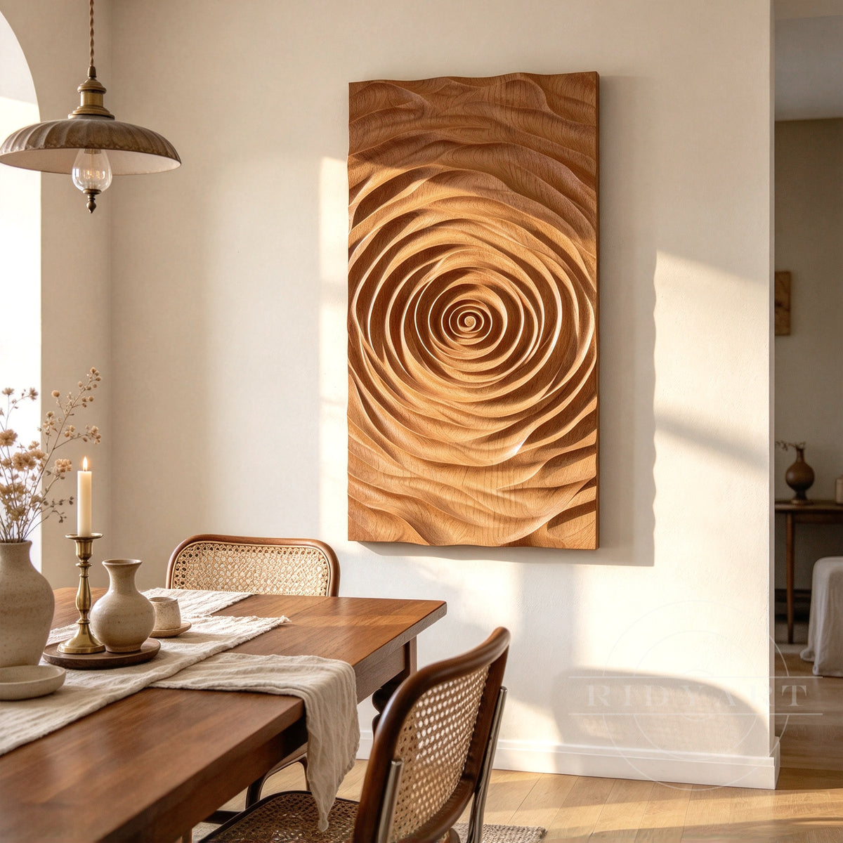 Solid wood sculptural wall art with natural grain and dimensional carving creating a warm artistic accent in a modern dining room.