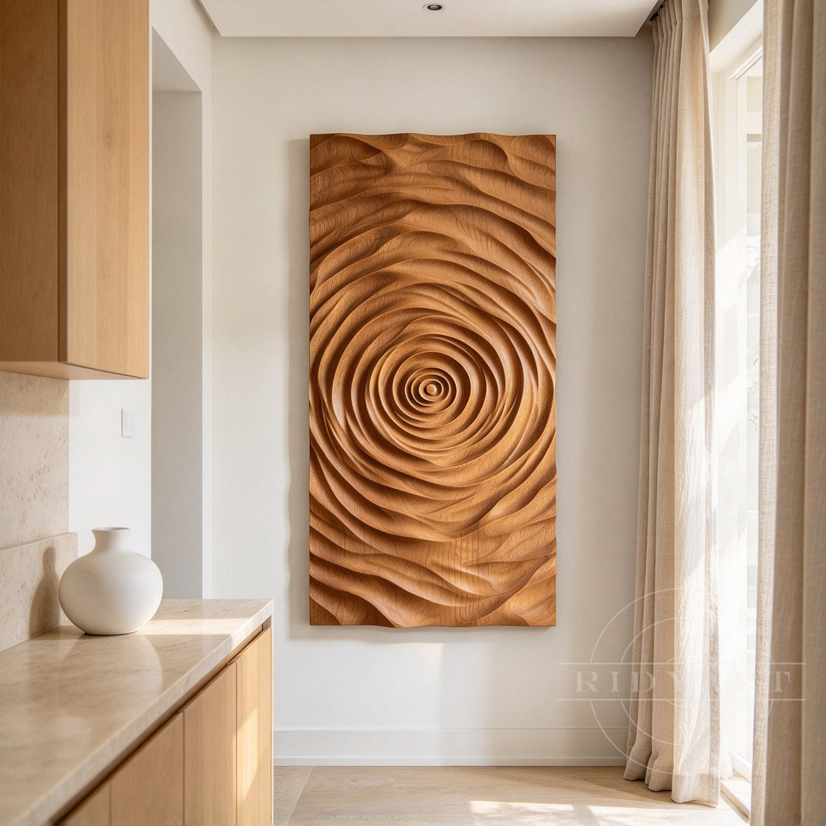 Vertical carved wood artwork with handcrafted texture and organic curves adding Japandi style to a contemporary living room interior.