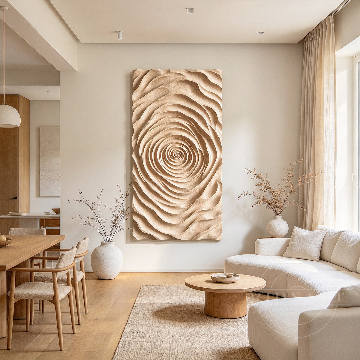 Hand carved natural wood wall sculpture with 3D ripple texture displayed as an organic modern focal point above a living room sofa.