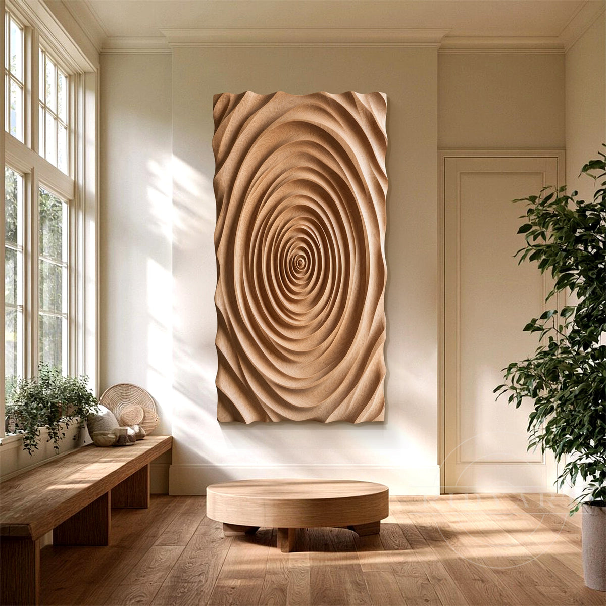 Natural walnut wood sculpture panel with handcrafted relief texture adding warmth and elegance