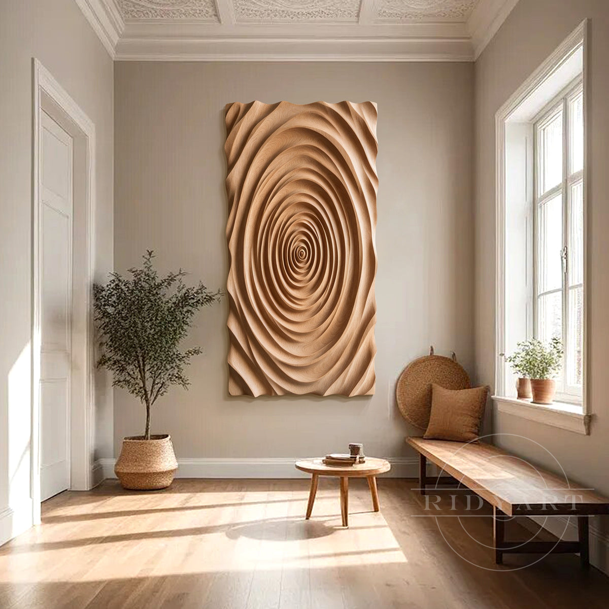 Hand carved solid wood wall sculpture with deep ripple texture creating a warm organic modern focal point above a living room sofa.